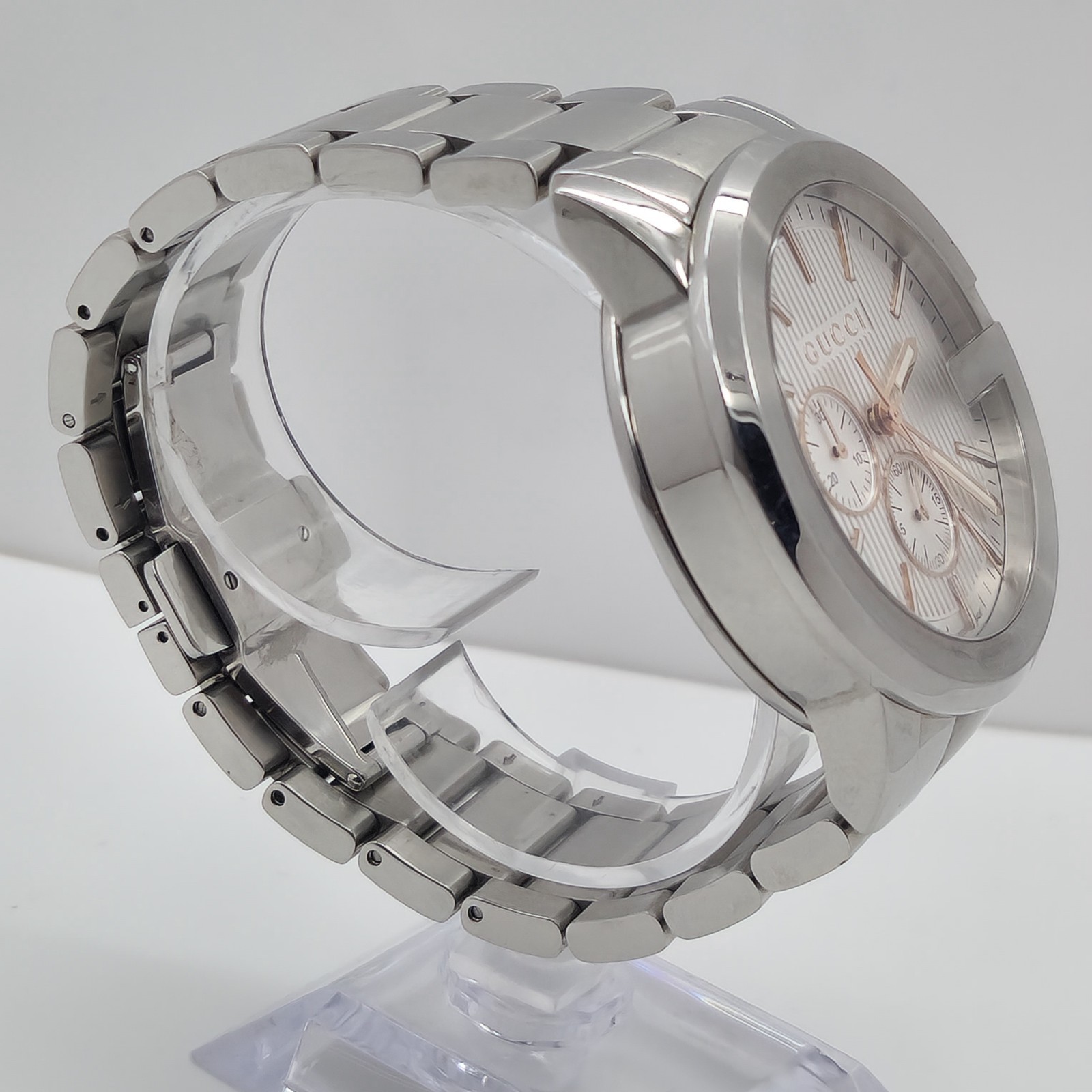 GUCCI G-CHRONO MENS $1820 SILVER ROSE GOLD ACCENTS CHRONOGRAPH WATCH YA101201