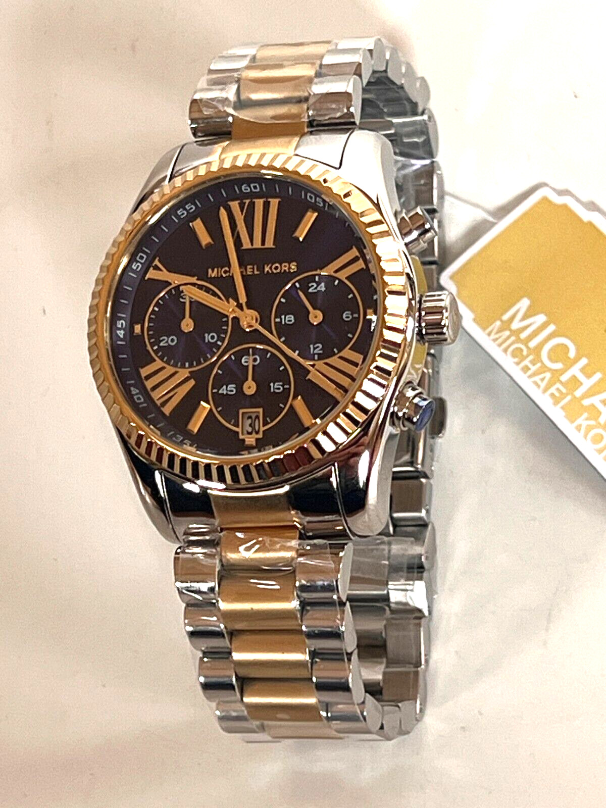 MICHAEL KORS MK7218 Lexington Two-Tone Blue Dial Ladies Watch BNWT/Gift Box $250
