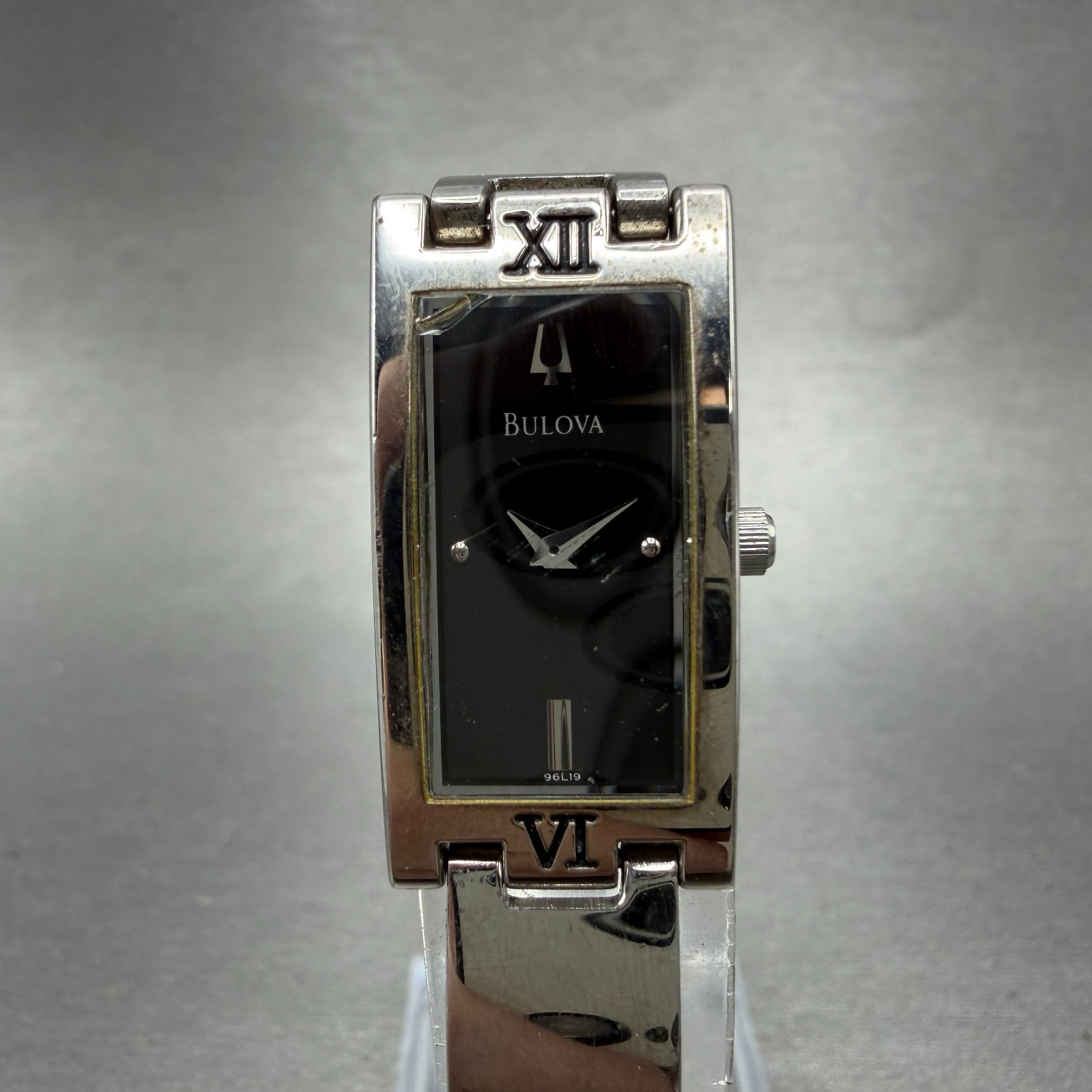 Bulova Tank Watch Women 15mm Black Dial Silver Tone Rectangle 96L19 New Battery