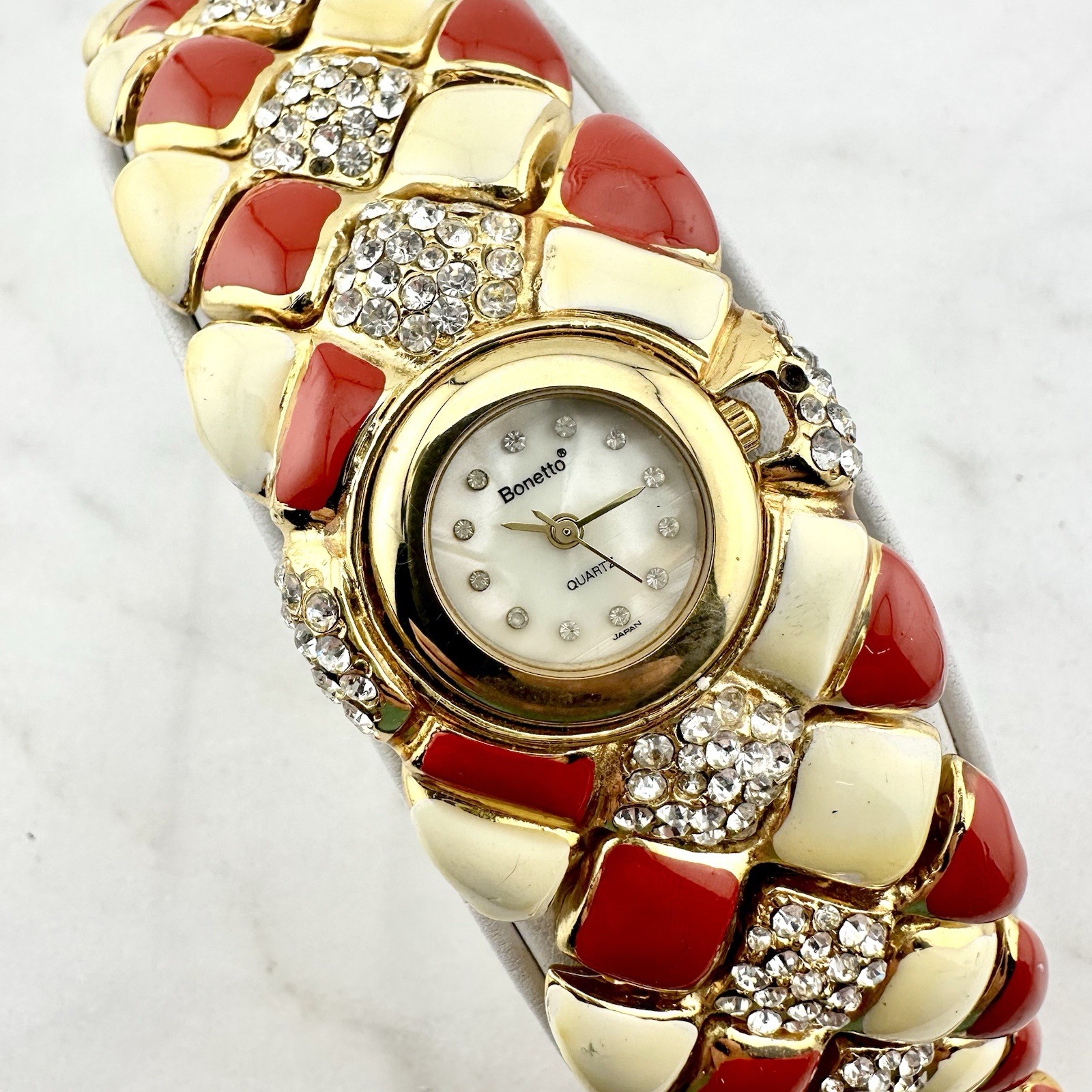 Vintage Bonetto Wide Enamel Bracelet Watch, MOP Dial, Has New Battery