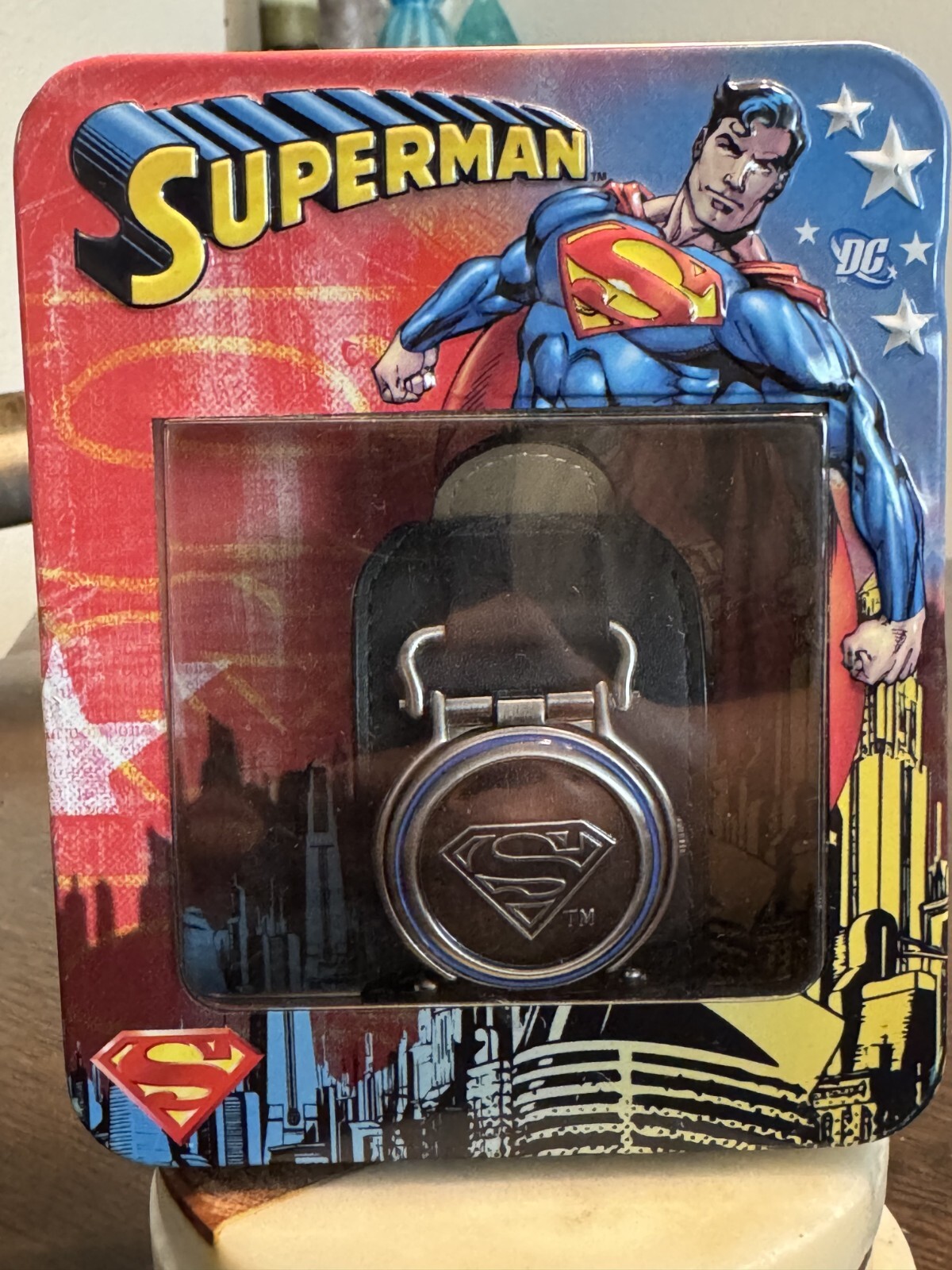 Rare Superman Flip Top Covered Leather Cuff Watch & Decorative Display Tin