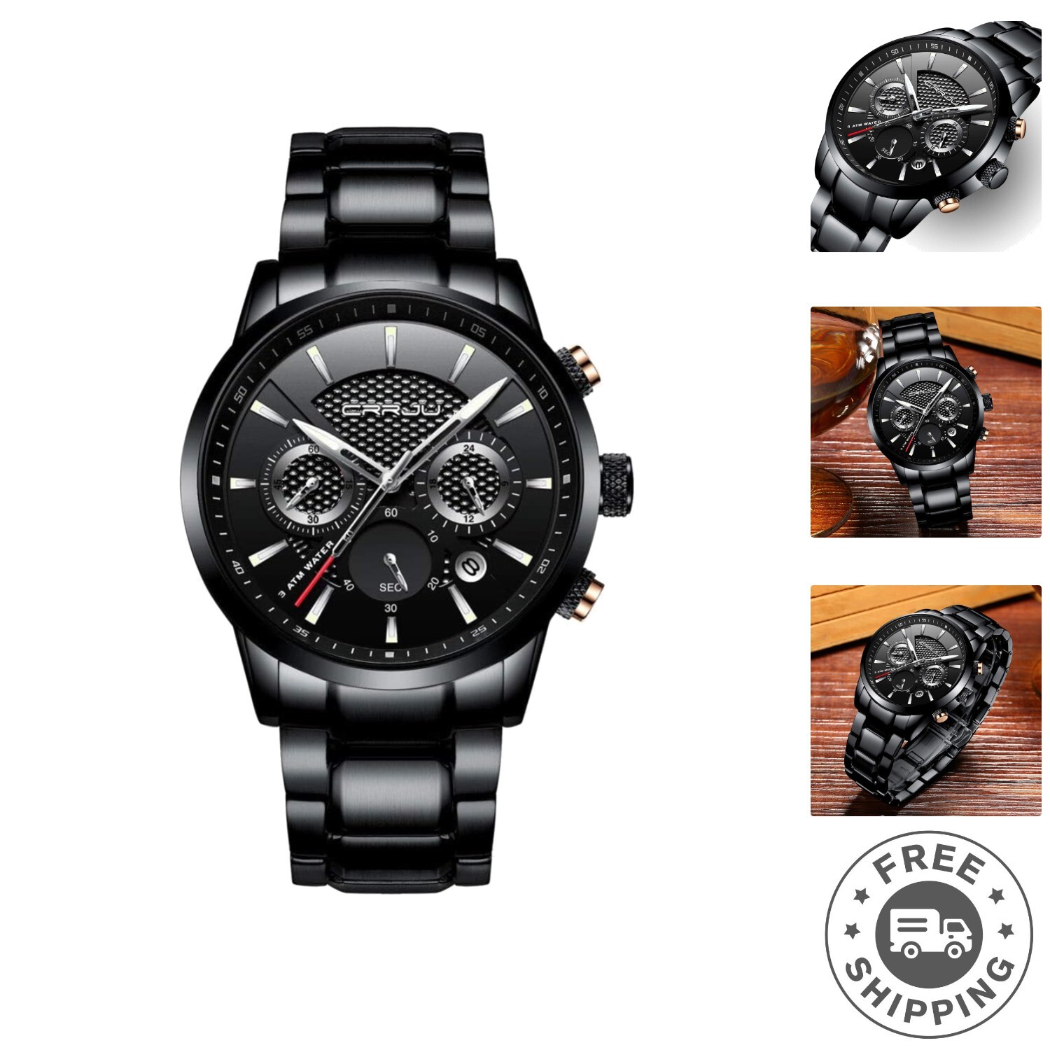 Stylish Men’s Black Leather Chronograph Watch – Waterproof and Durable Design