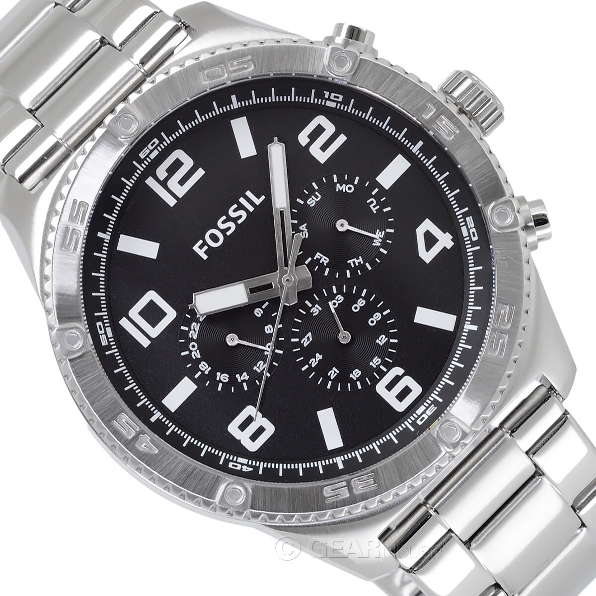FOSSIL Brox Mens Multifunction Watch, Large Black Dial, Silver Stainless Steel