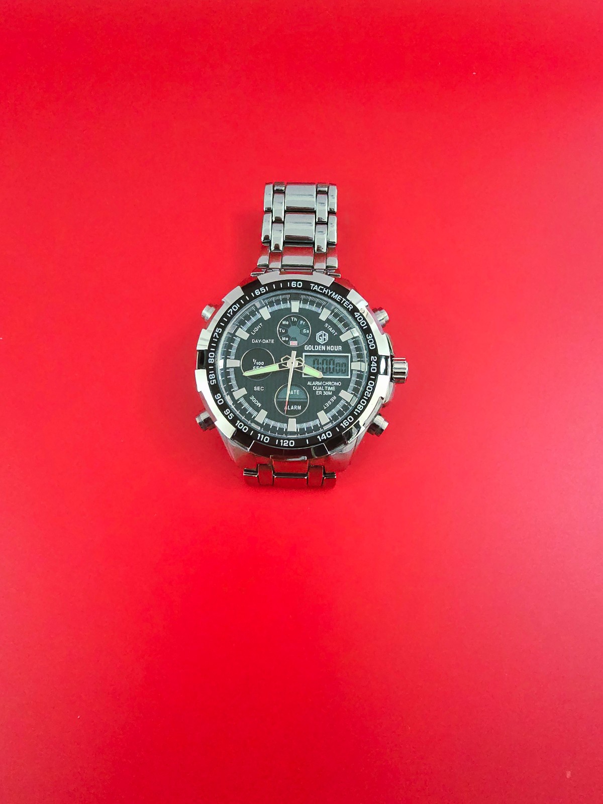 Golden Hour Dual Time Alarm Chronograph Watch Black Steel