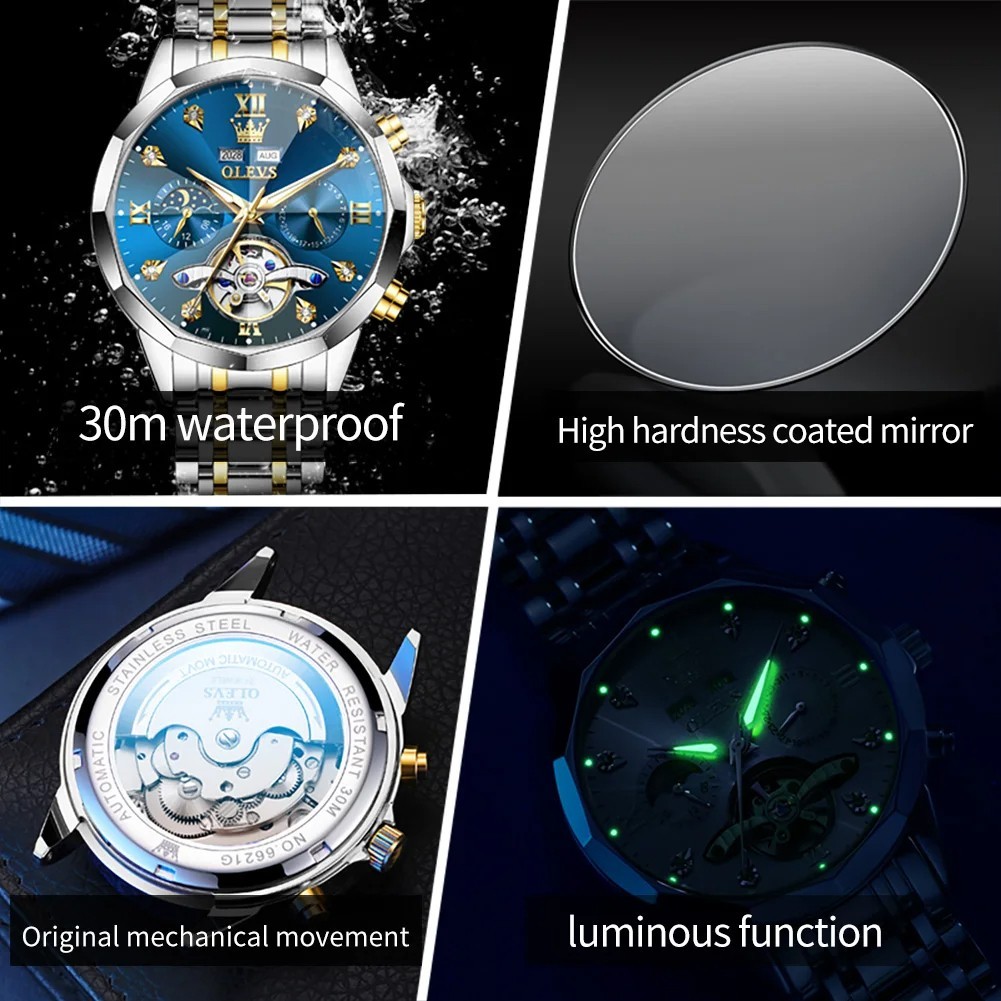 Automatic Mechanical Waterproof Watch Moon Phase Luxury Dial Men Men’s Strap
