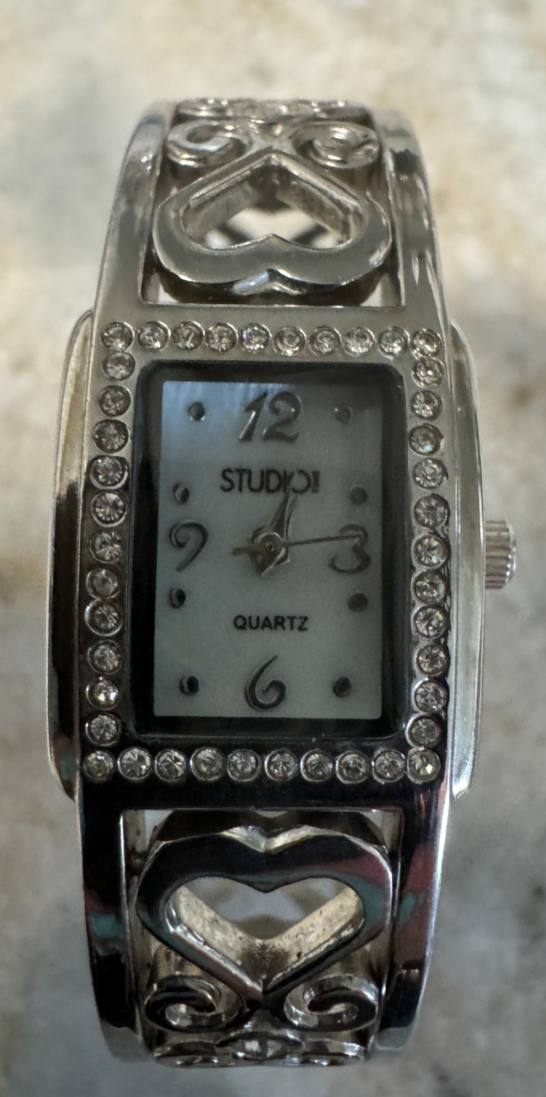 Studio Time Silver Tone Hearts Rhinestones Cuff Bracelet Quartz Watch new batter