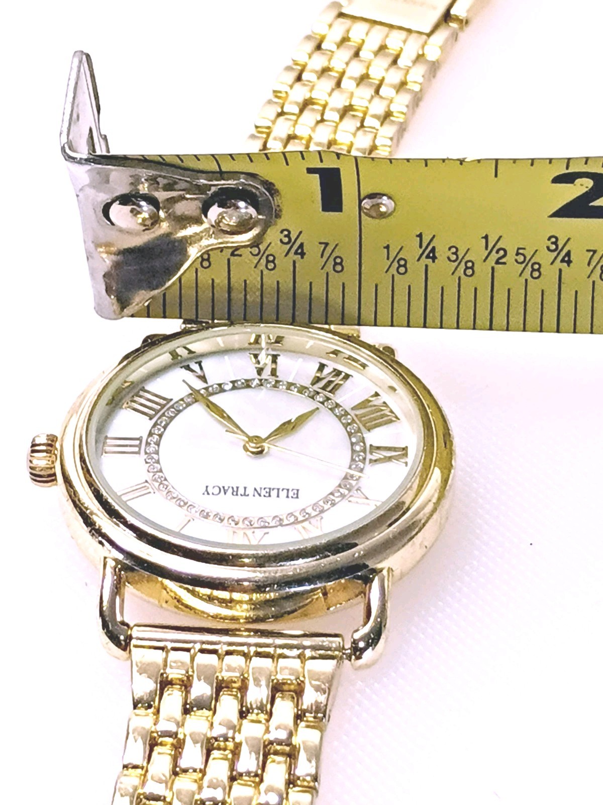 Ellen Tracy Watch Gold Tone Crystal Accent Jewelry Clasp Mother Pearl Dial Works