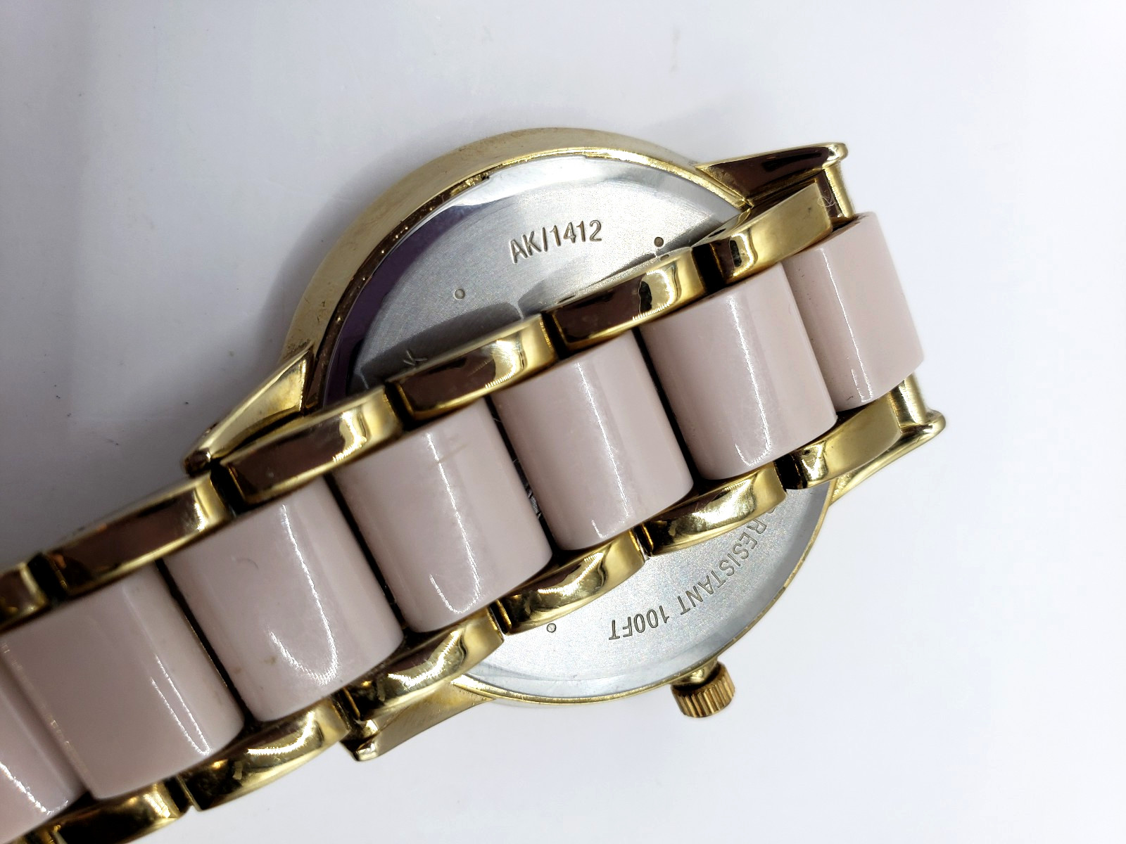 Anne Klein Womens Watch 37mm Gold Tone Pink Ceramic AK/1412 New Battery