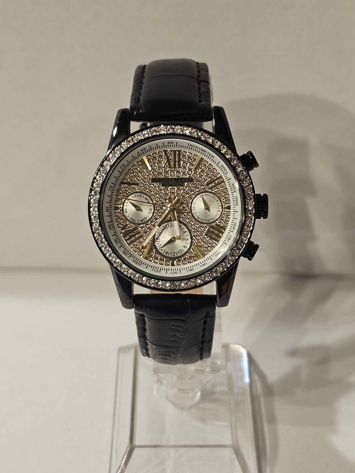 Akribos XXIV AK871BK Ladies Tachymeter Day Date GMT Crystal Dial/Bezel Watch.