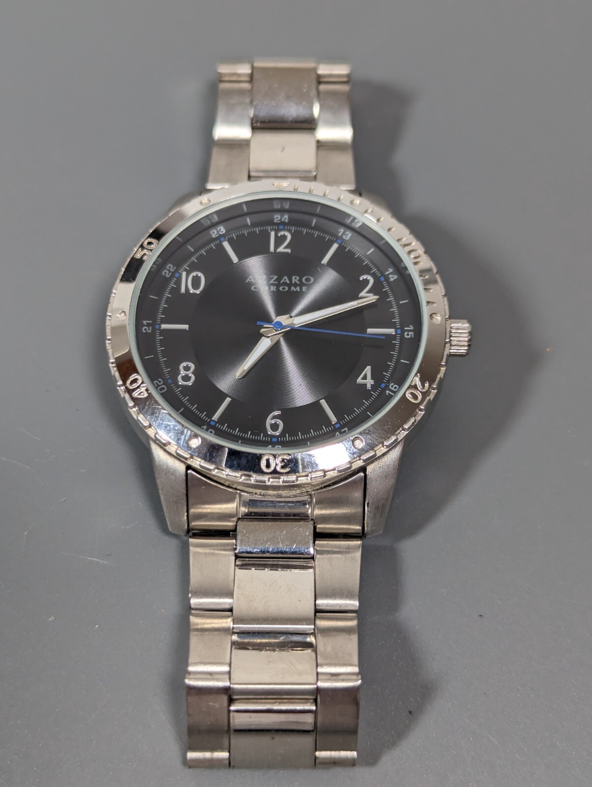 Mens Azzaro Chrome Black Dial Round Silver Tone 45 mm Stainless Steel Band Watch
