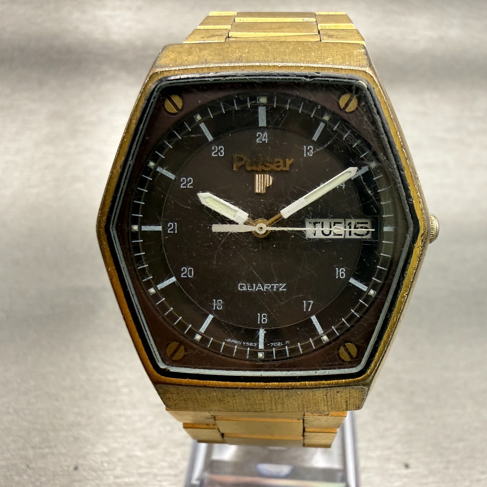 Seiko Pulsar Watch Men 36mm Brown Dial Gold Daydate Hexagon Y563-7029 New Batt