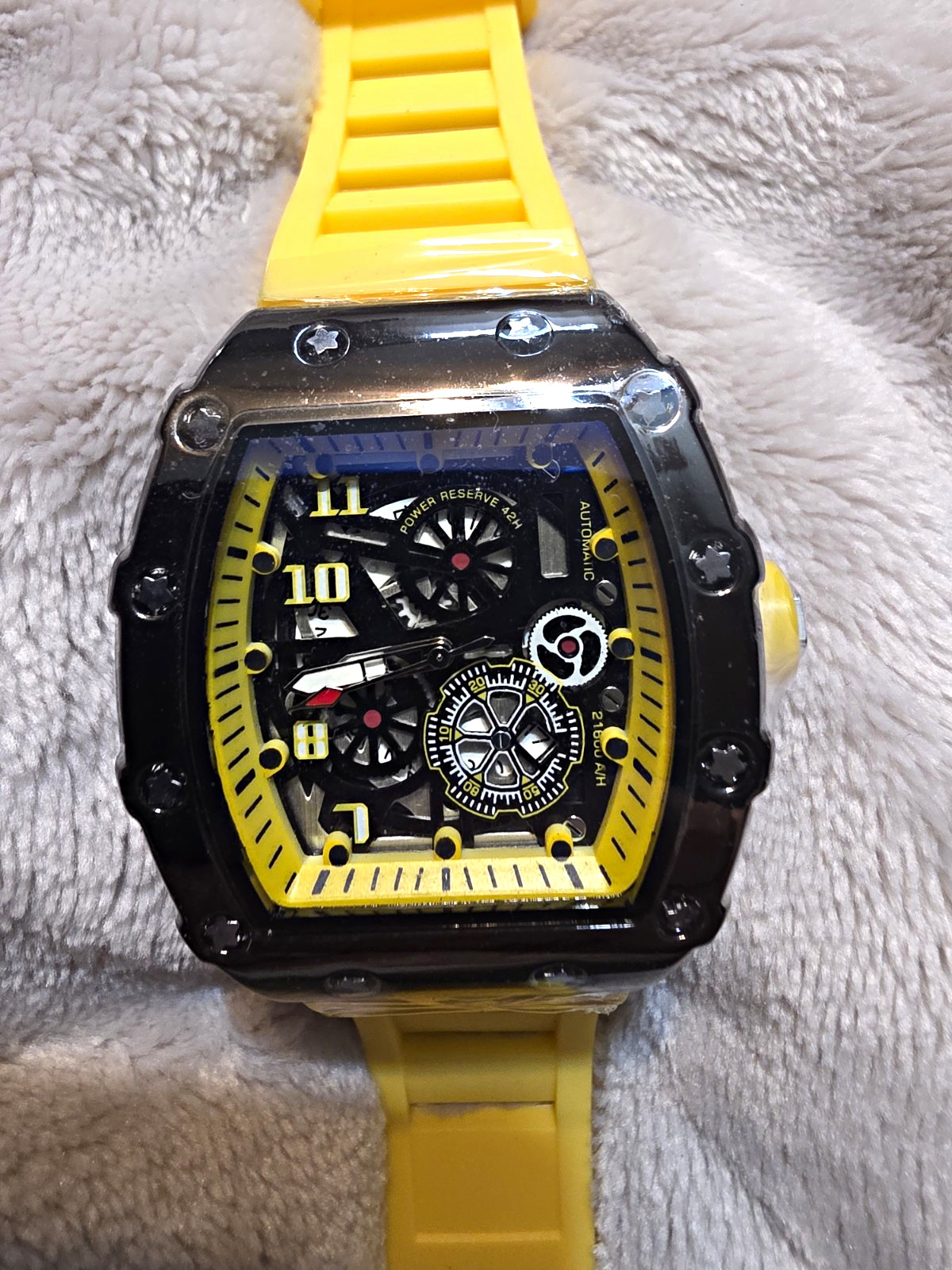 Tonneau Skeleton Dial Analog Watch, Yellow Rubber Strap, Power Reserve