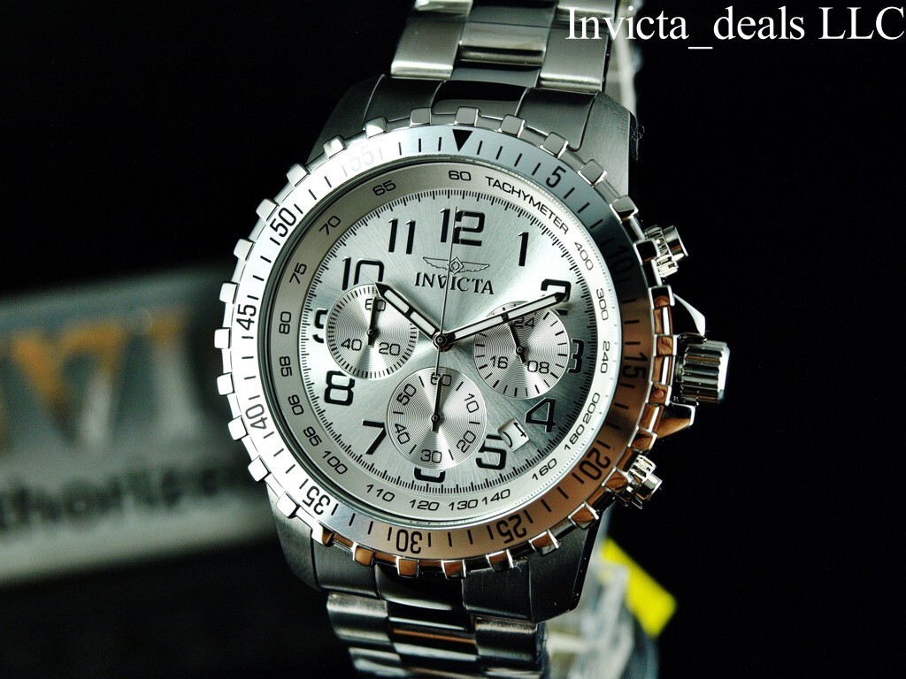 Invicta Men’s 45mm Specialty PILOT Chronograph SILVER DIAL Silver Tone SS Watch