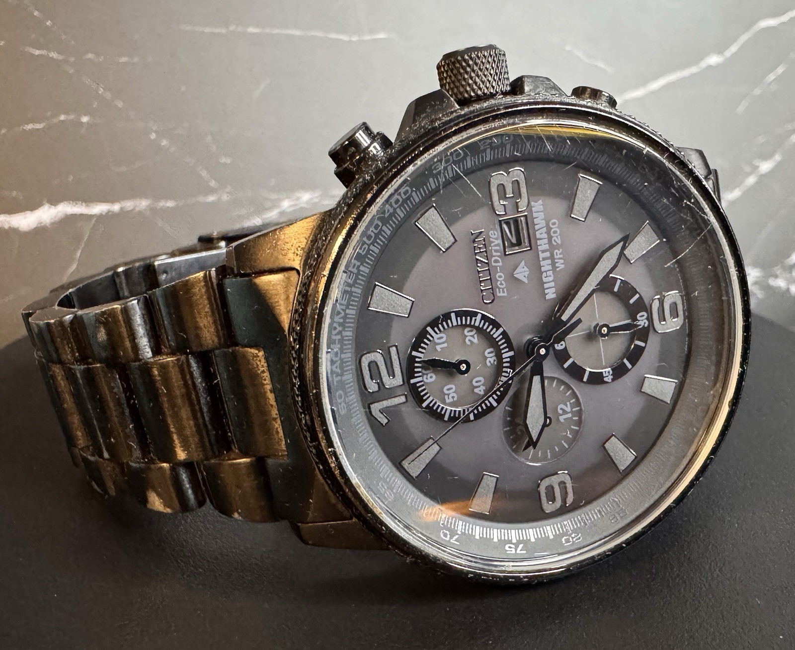 Citizen Eco-Drive Nighthawk Black Ion Chronograph B877 Men’s Watch 200M Tested