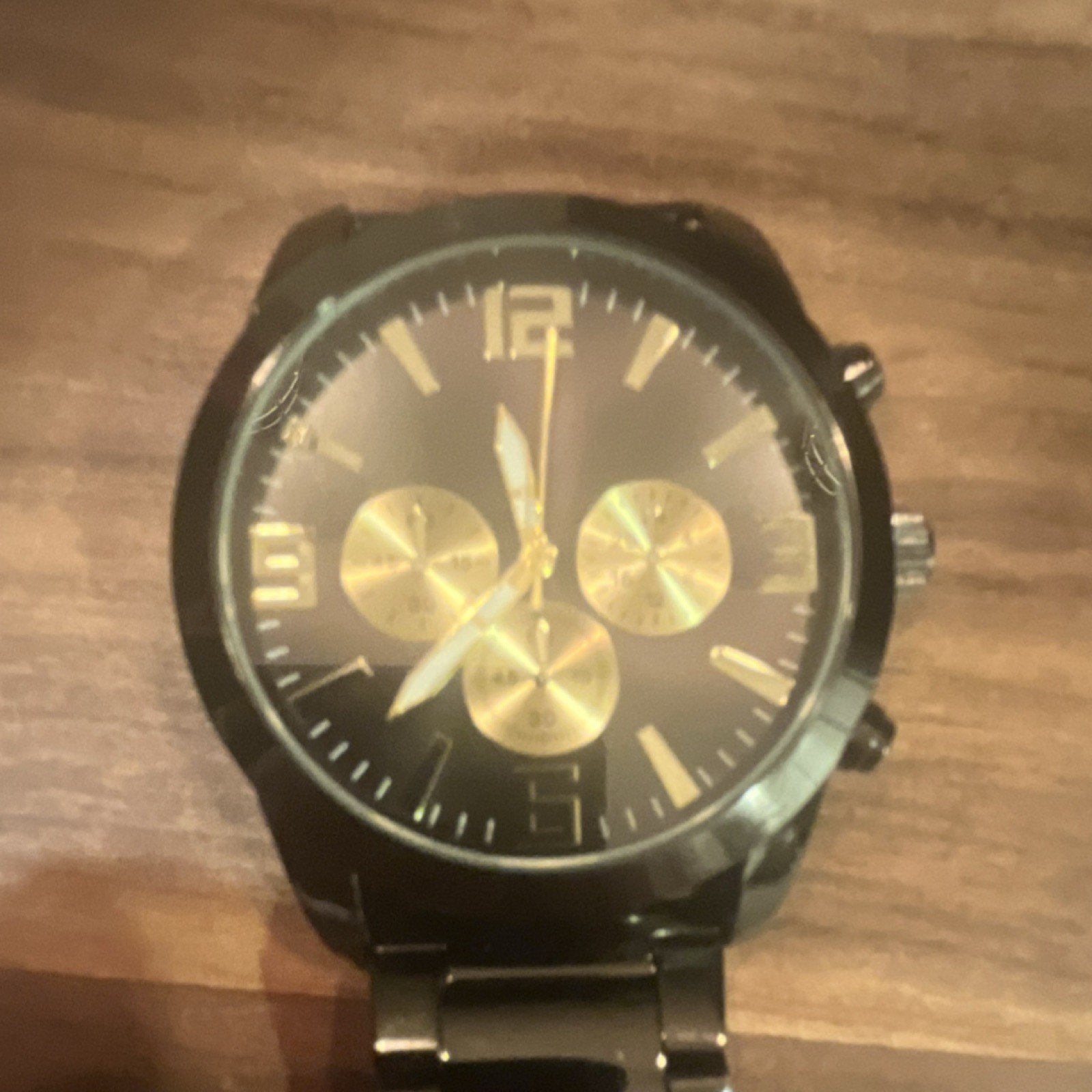 Men’s Black Chronograph Wristwatch Gold Accents Metal Bracelet Analog Dress