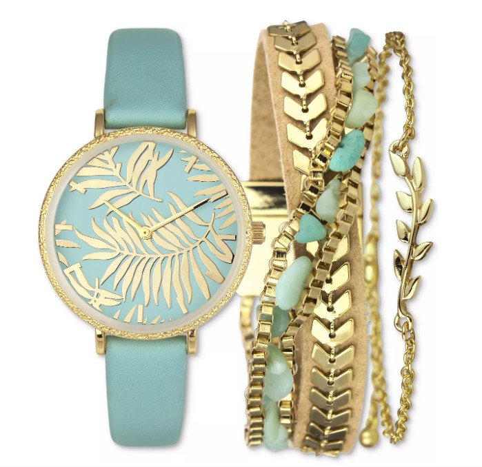 INC WOMEN’S BLUE GOLD-TONE WATCHES FAUX LEATHER STRAP 36 MM BRACELETS SET NIB