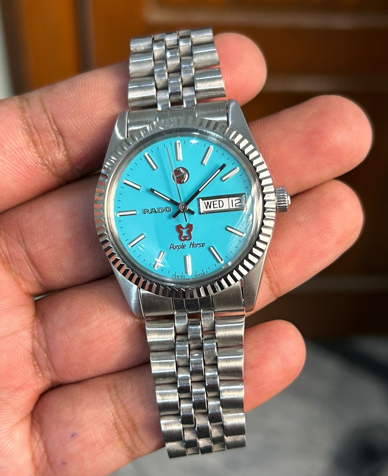 Vintage Rado Purple Horse Sky Blue Dial Wrist Watch For Mens Japan Swiss