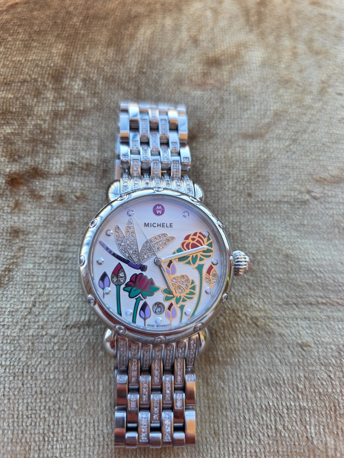 Michele Garden Party Watch-Dragonfly Original Stainless Steel Band, No Scratches