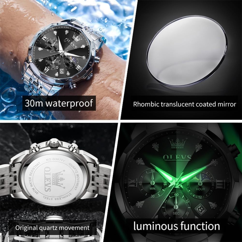 Elegant Silver & Black Men’s Watch with Diamond Accents – Business Dress Style
