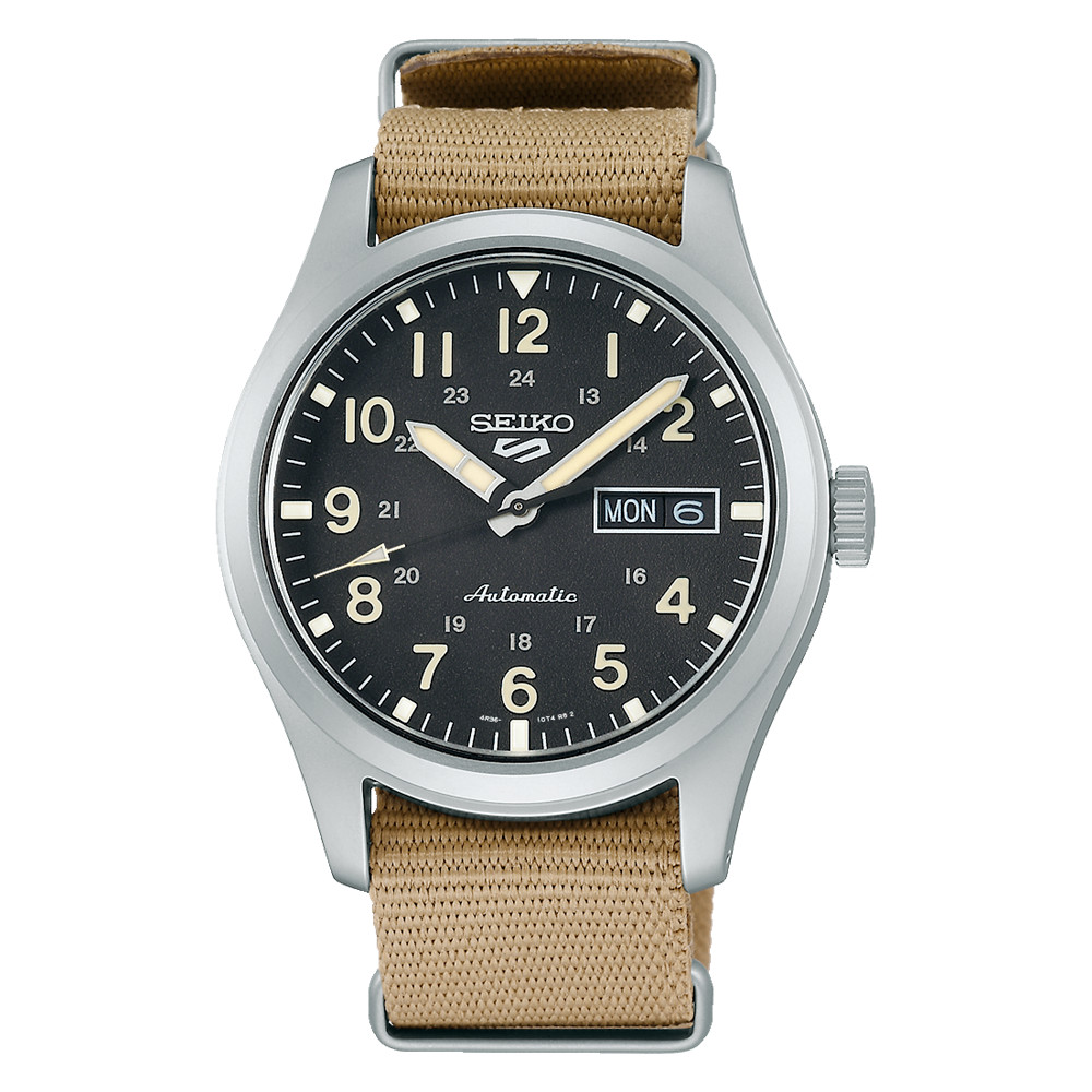 Seiko 5 Sports 39.4 MM Day-Date Automatic SS Beige Nylon Band Watch SRPG35K1