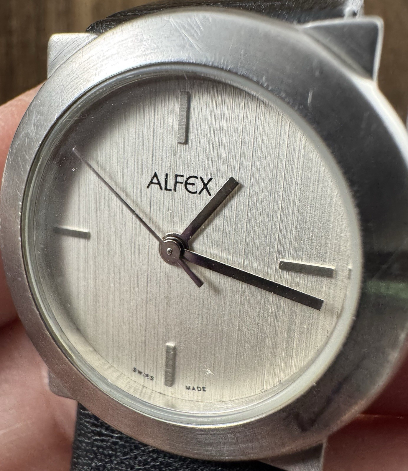 Alfex Swiss Made Watch Minimalist Stainless Steel Leather Strap 1990s