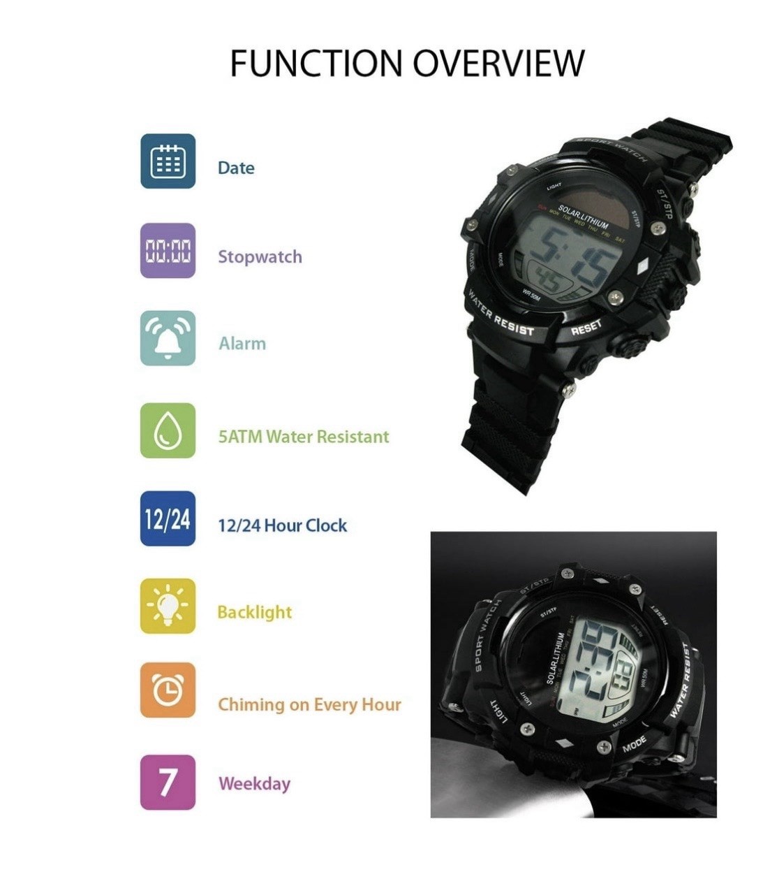 George Mens Solar Digital Wristwatch Plastic Strap, Black, Lot of 2