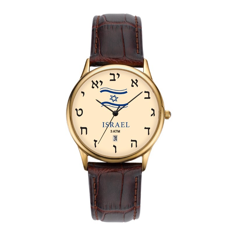 Hebrew Letters Israel Flag 36 mm Gold Watch with Date, Leather Strap, 30M W.R.