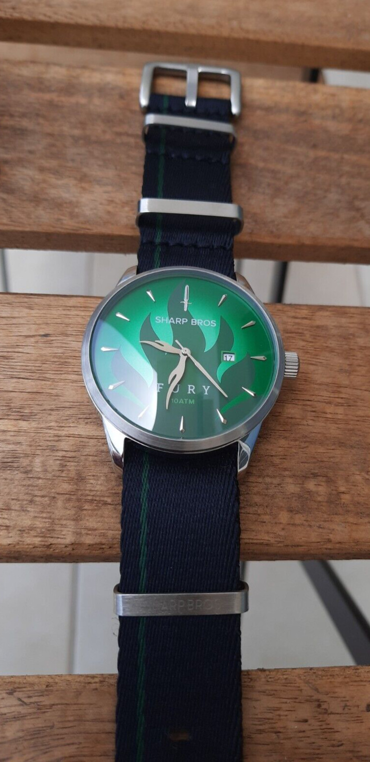 Sharp Bros Fury Watch Green Inferno Face Quartz 42mm Black One Piece Nylon Strap
