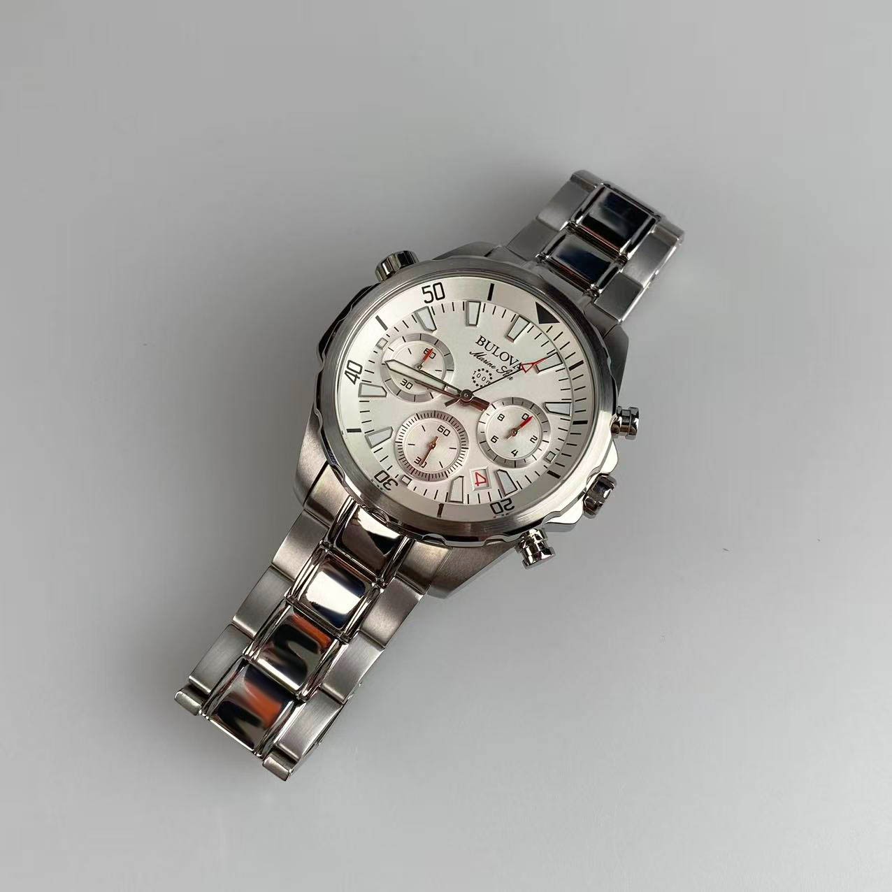 New Bulova Marine Star 96B255 White Dial Men’s Chronograph Quartz Watch 43mm