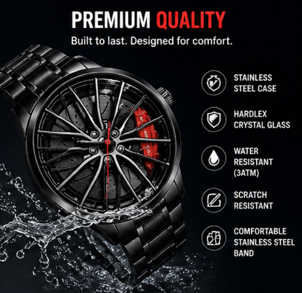 Men’s Sports Car Wheel Design Watch – Stainless Steel Analog Quartz Wrist Watch