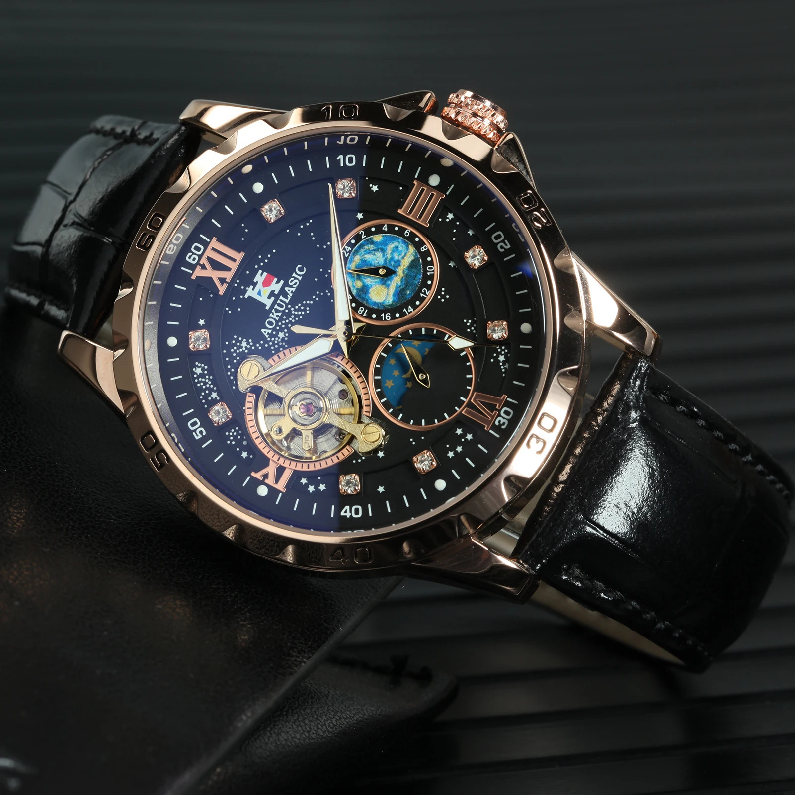 Men’s Luxury Tourbillon Skeleton Automatic Watch Moon Phase Starry Sky Dial