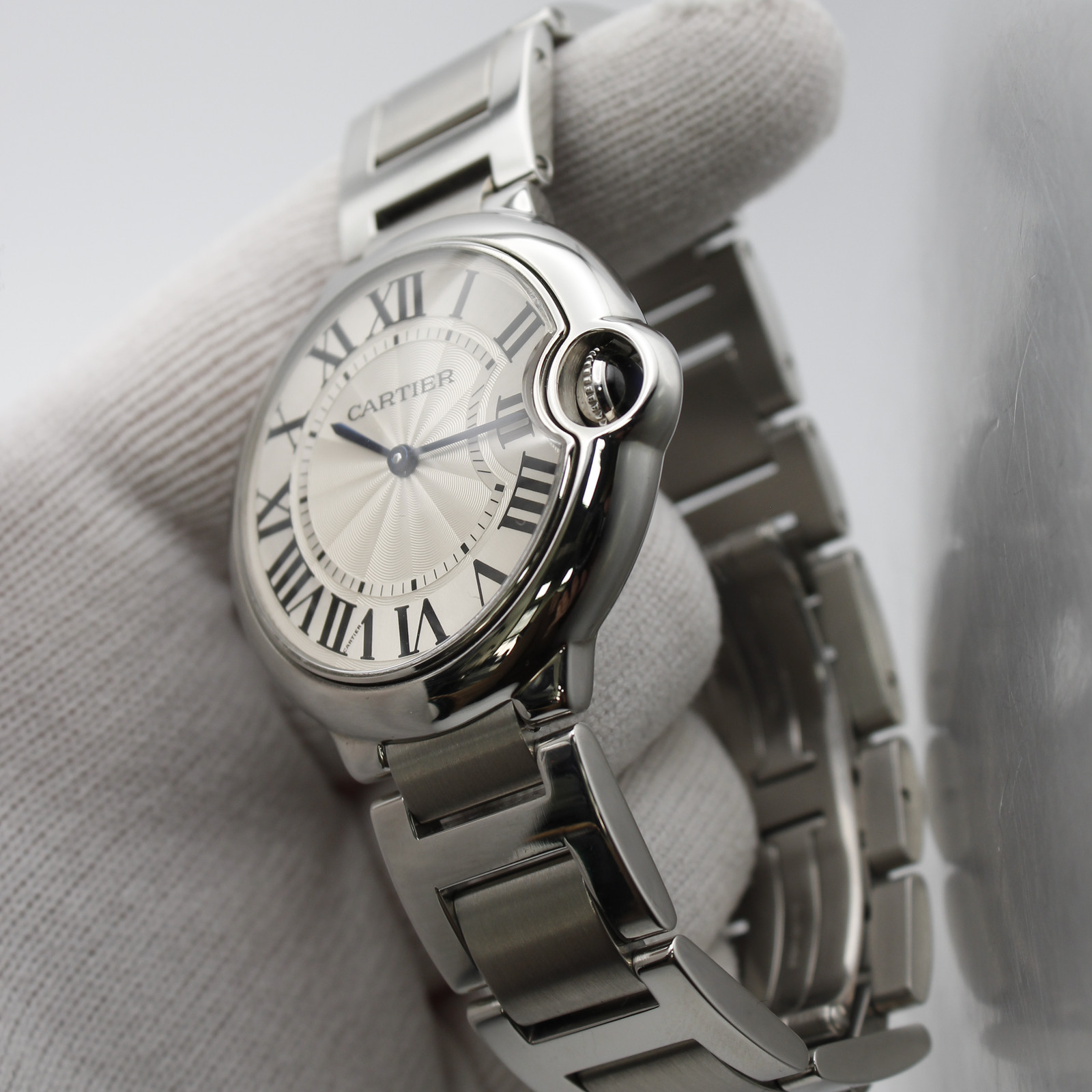 Cartier Ballon Bleu 36 Silver Guilloche Roman Dial Quartz Unisex Watch W69011Z4
