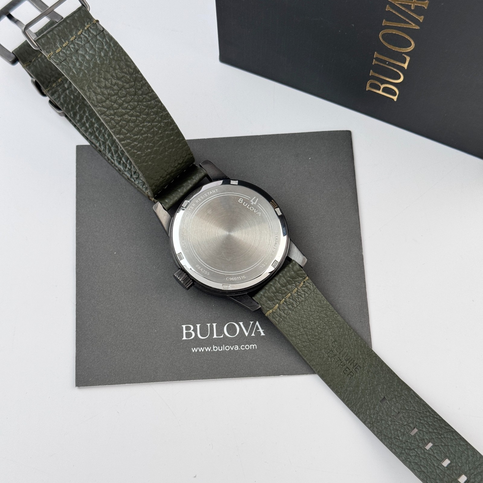 Bulova Men’s Military Hack Automatic Black Dial Green Leather Strap Watch 98A255