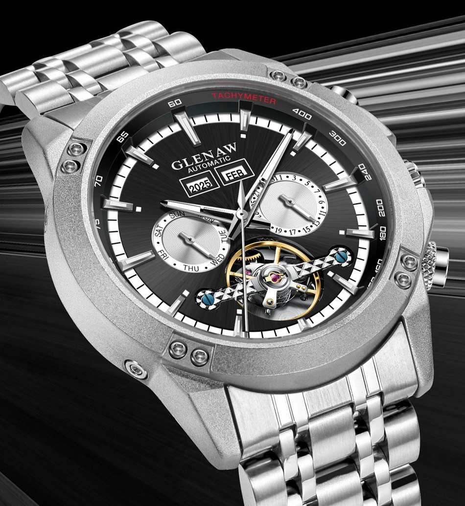 GLENAW men’s automatic mechanical watch skeleton calendar dial luminous hands