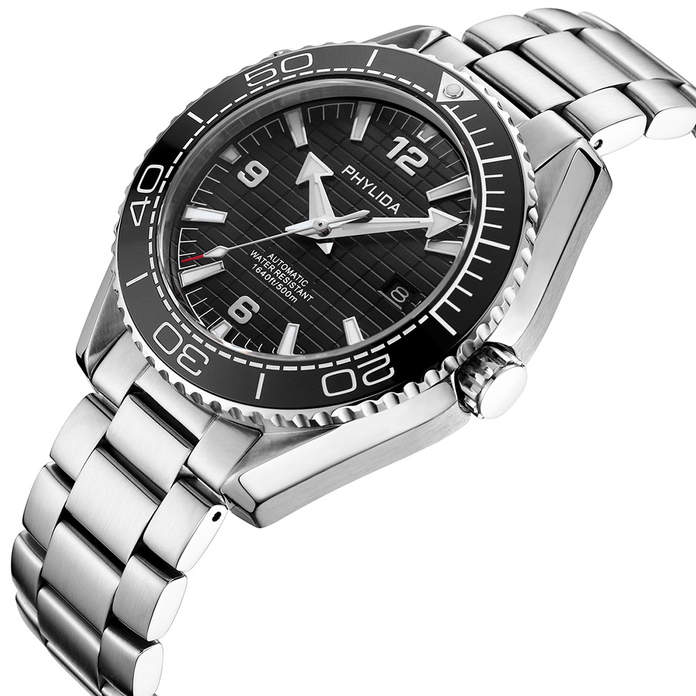 PHYLIDA 43.5mm Men Automatic Diver Watch 500m Sapphire Black Dial NH35A Durable