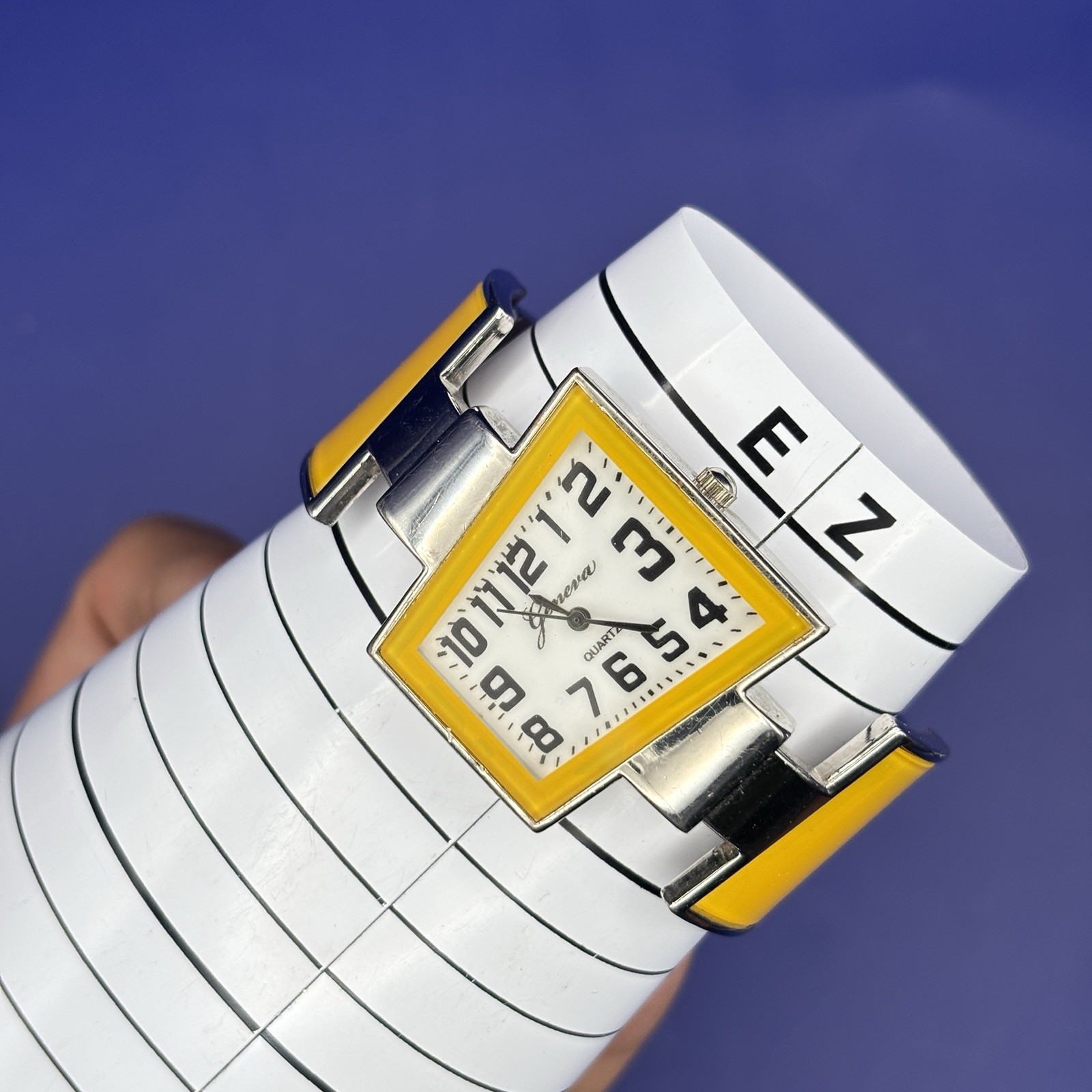 Ladies Geneva Asymmetrical Unusual Shaped Yellow Enamel Bezel Hinged Cuff Watch