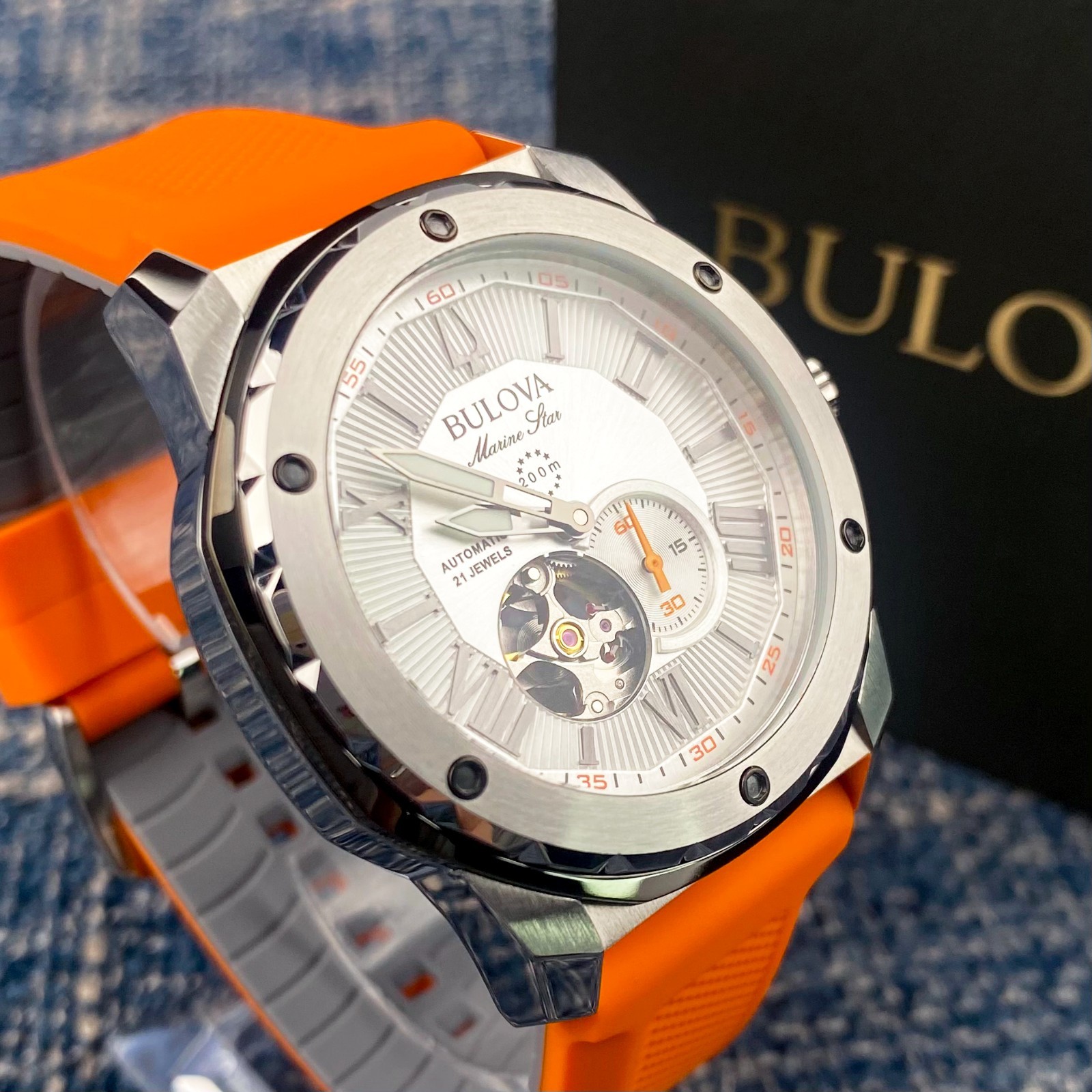 Bulova Marine Star Automatic White Dial Orange Rubber Strap Men’s Watch 98A226