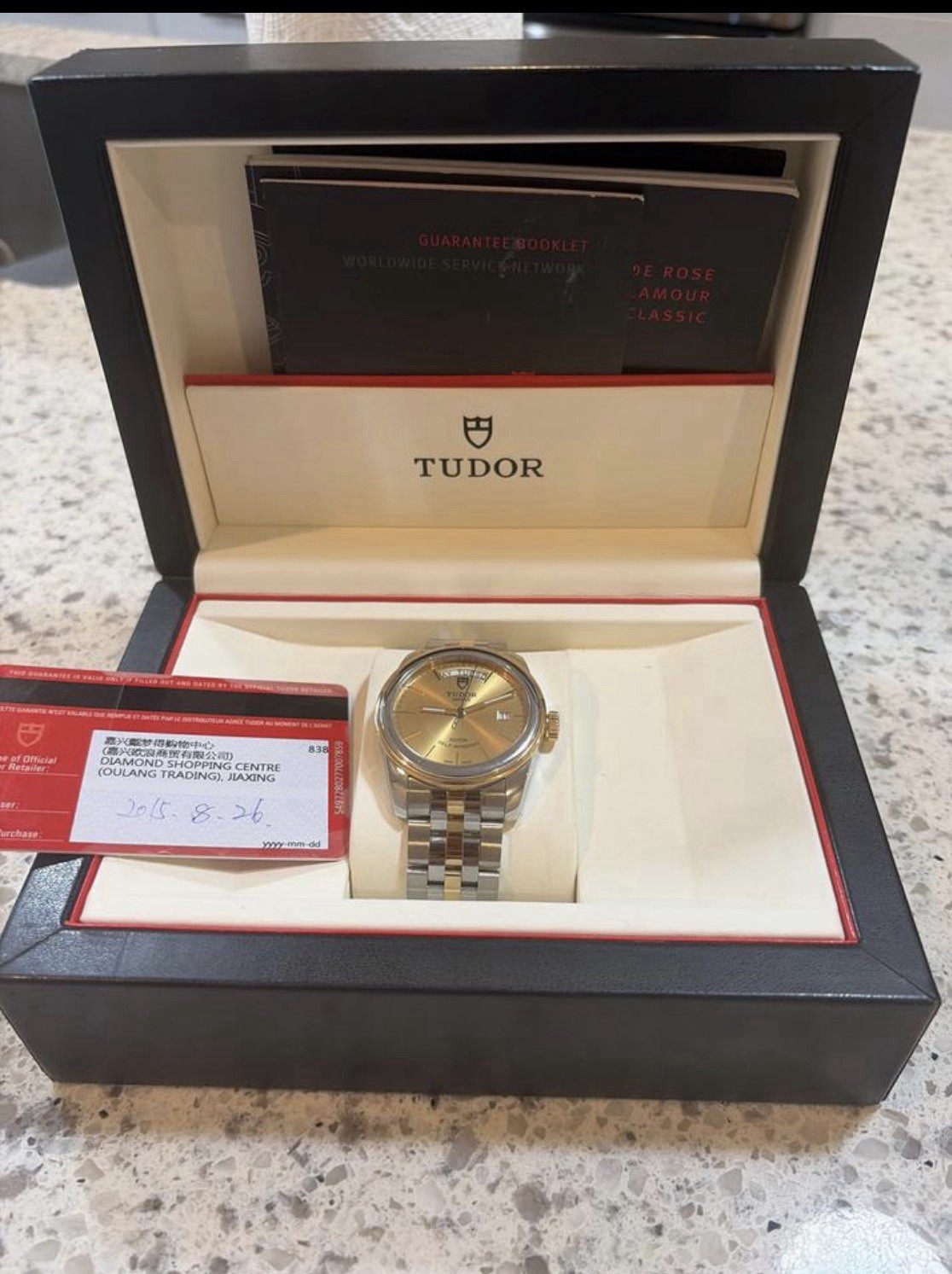 TUDOR Glamour Day-Date ref# 56003 Two-Tone Champagne 2015 Box &Papers