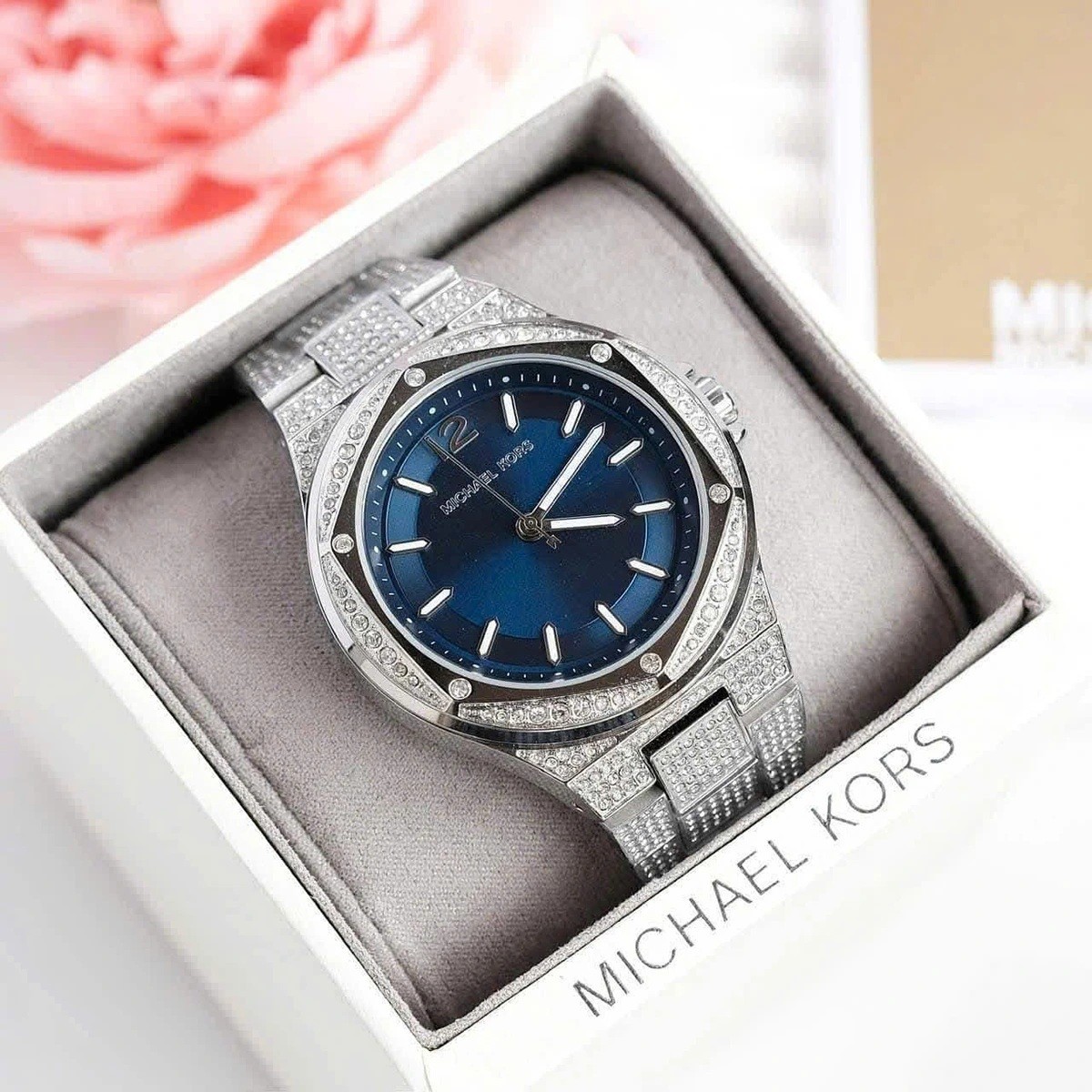 MICHAEL KORS LENNOX MK6990 SILVER TONE PAVE BRACELET DARKBLUE DIAL UNISEX 43MM