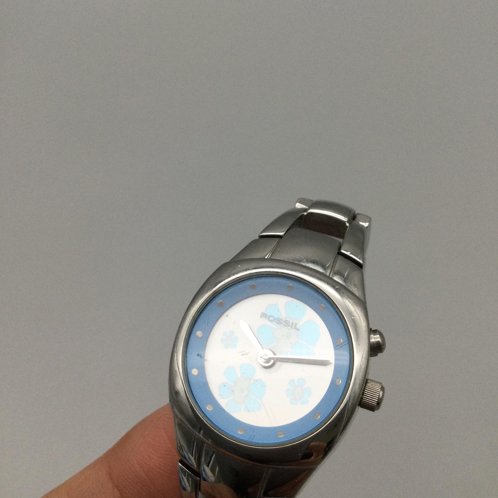 Fossil Big Tic Womens Watch 23mm Blue Floral Dial ES-9675 New Battery 5.75″