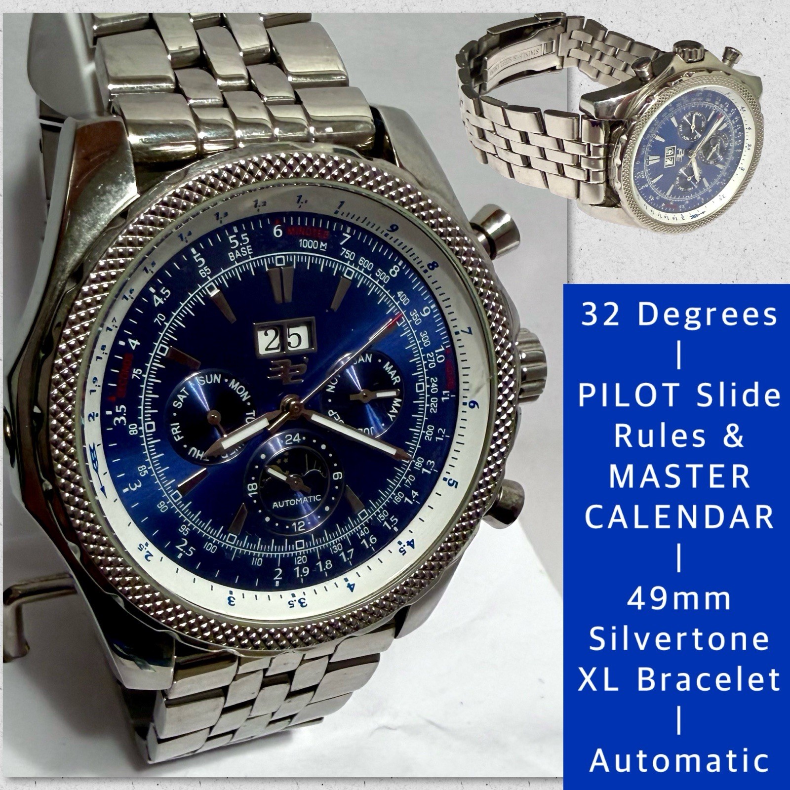 49mm Auto PILOT & MASTER CALENDAR | Blue | XL Slvrtn Bracelet | 32 DEGREES Watch