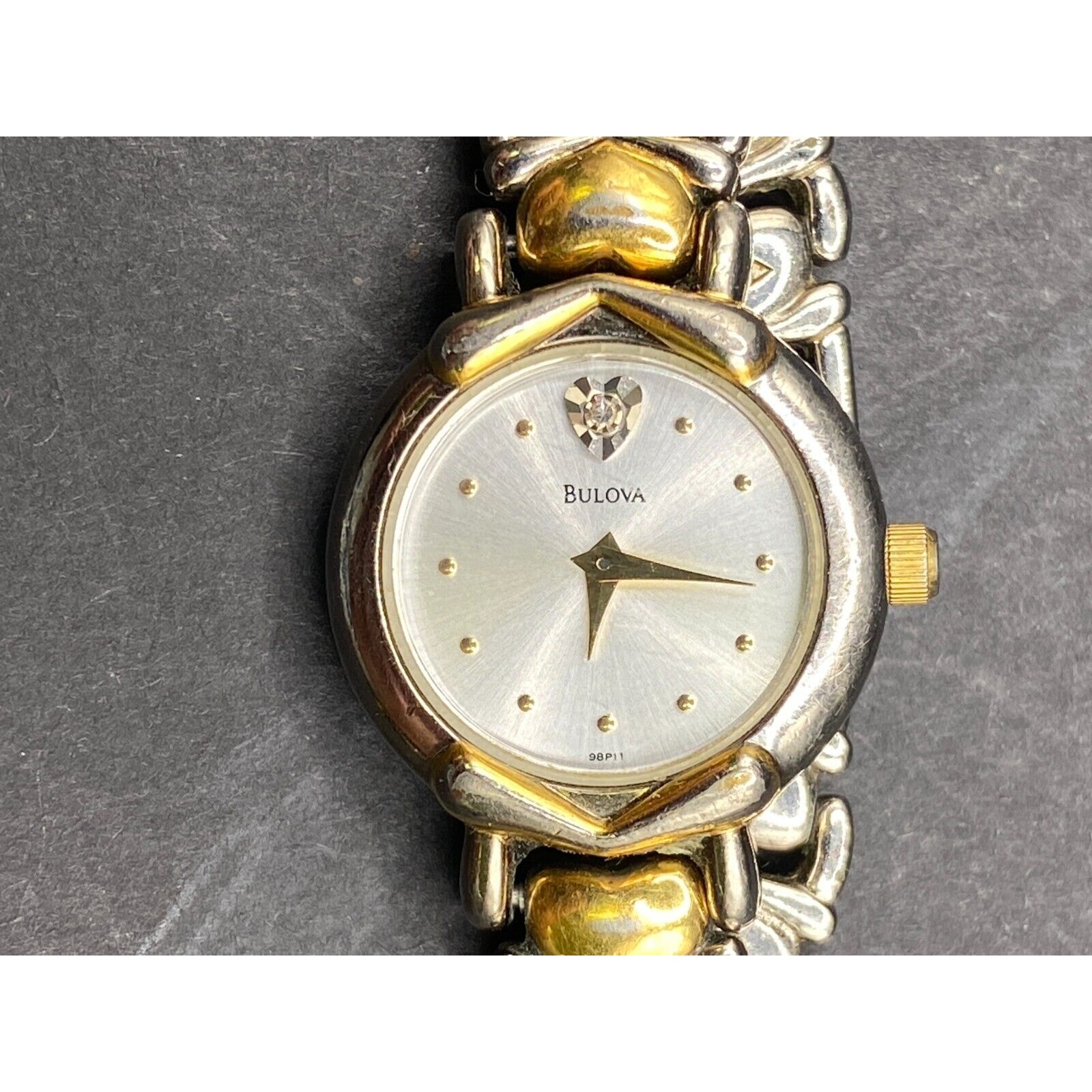Vintage Bulova Diamond Silver Dial Two Tone Heart Band WR Women’s Watch 98P11
