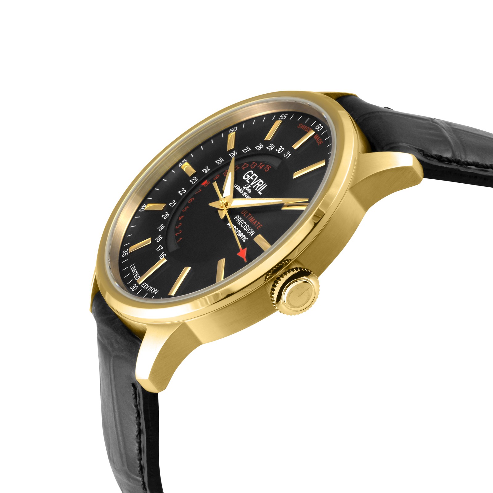 Gevril Men’s 49203 Guggenheim Automatic Gold IP Black Leather Swiss Wristwatch