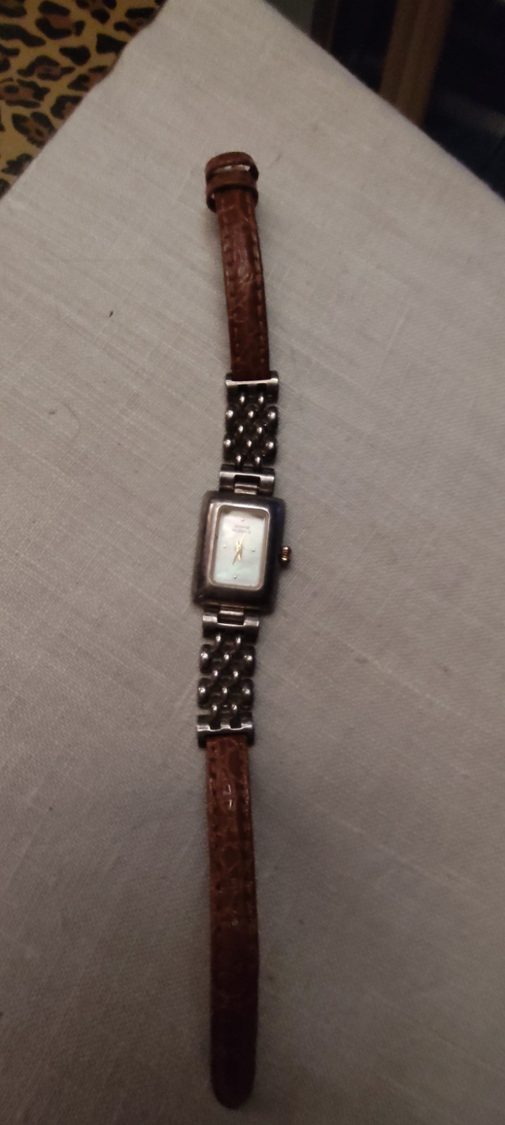 Anne Klein II 753 Thailand Movement Square Dial Metal And Brown Leather Band