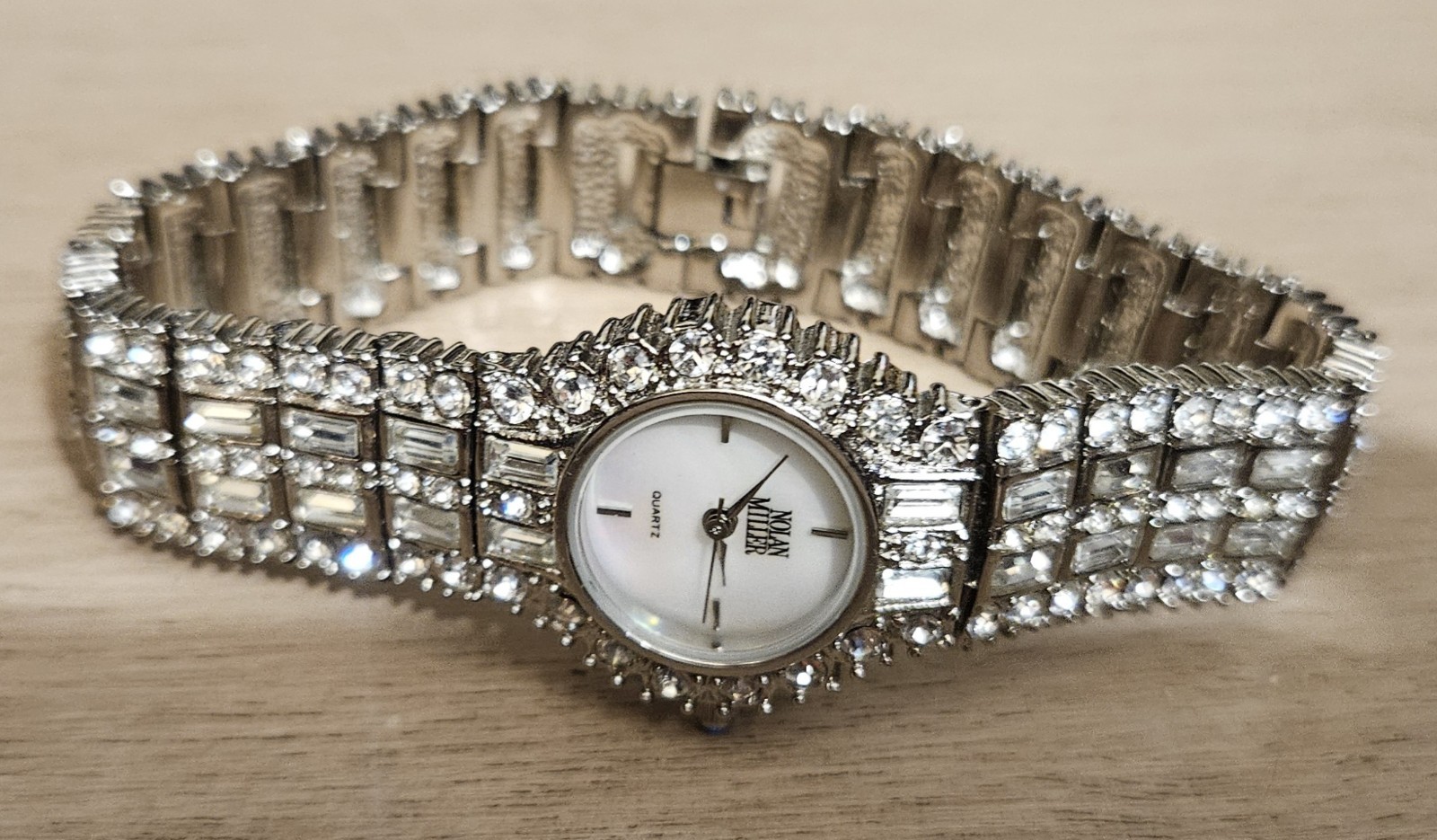 Nolan Miller Glamour Rhinestone Silvertone Ladies Wristwatch, Tested & Works