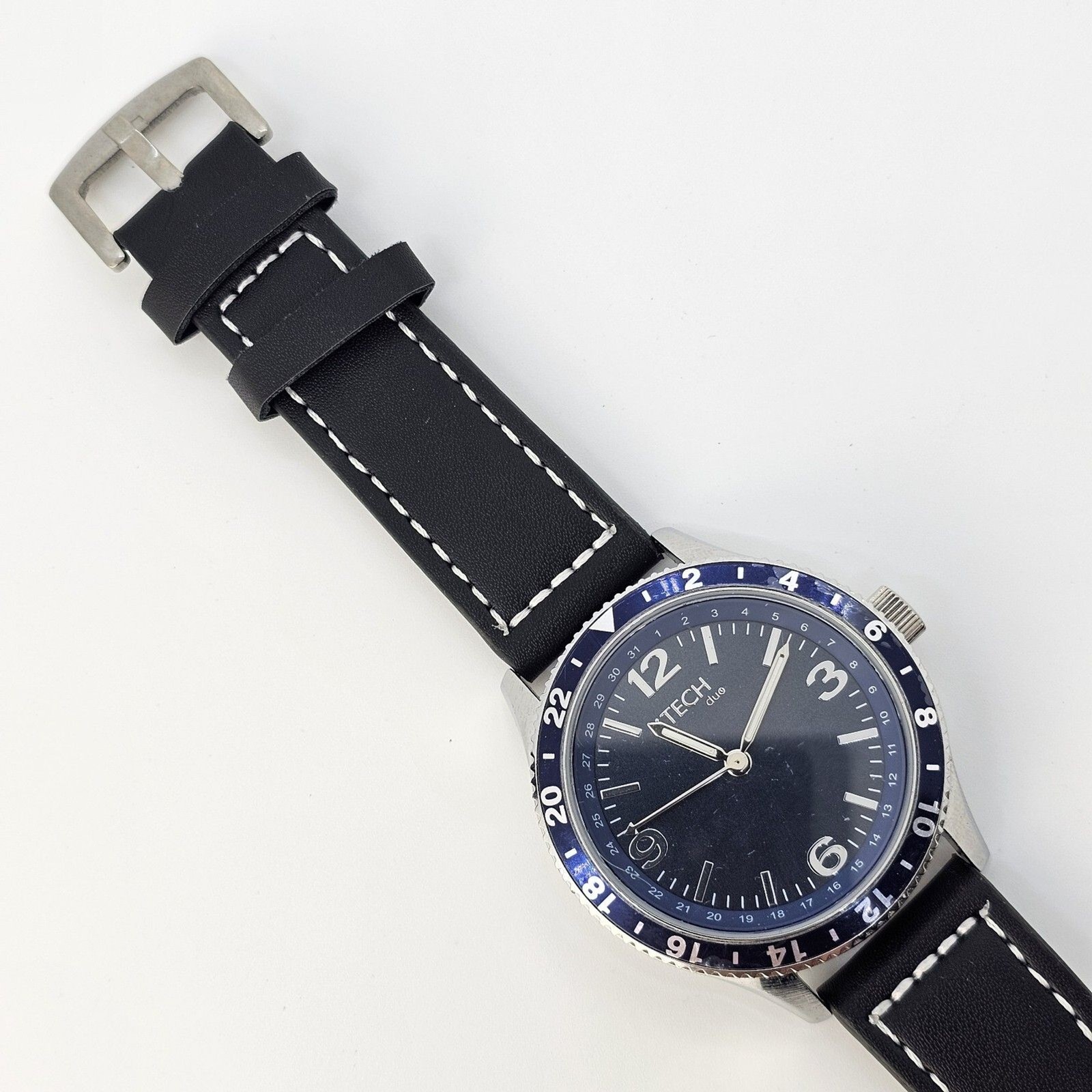 Men’s Watch 46MM Large Gray Case Blue Dial Black Leather Bands New Battery