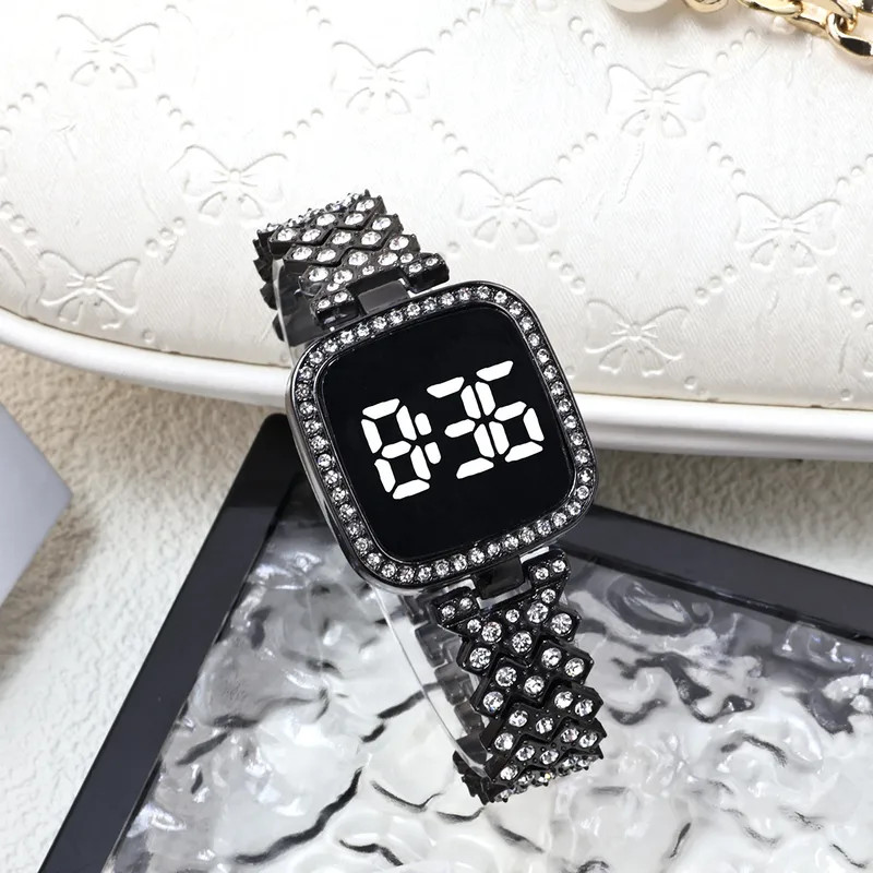 Fashionable Square Alloy Touchscreen Ladies Watch Embedded With Diamond LED Disp