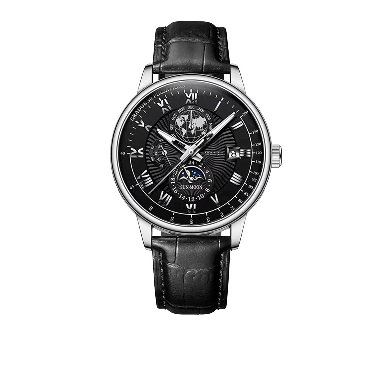 Men’s Leather Quartz Watch Analog Roman Numeral Date Business Casual Wristwatch