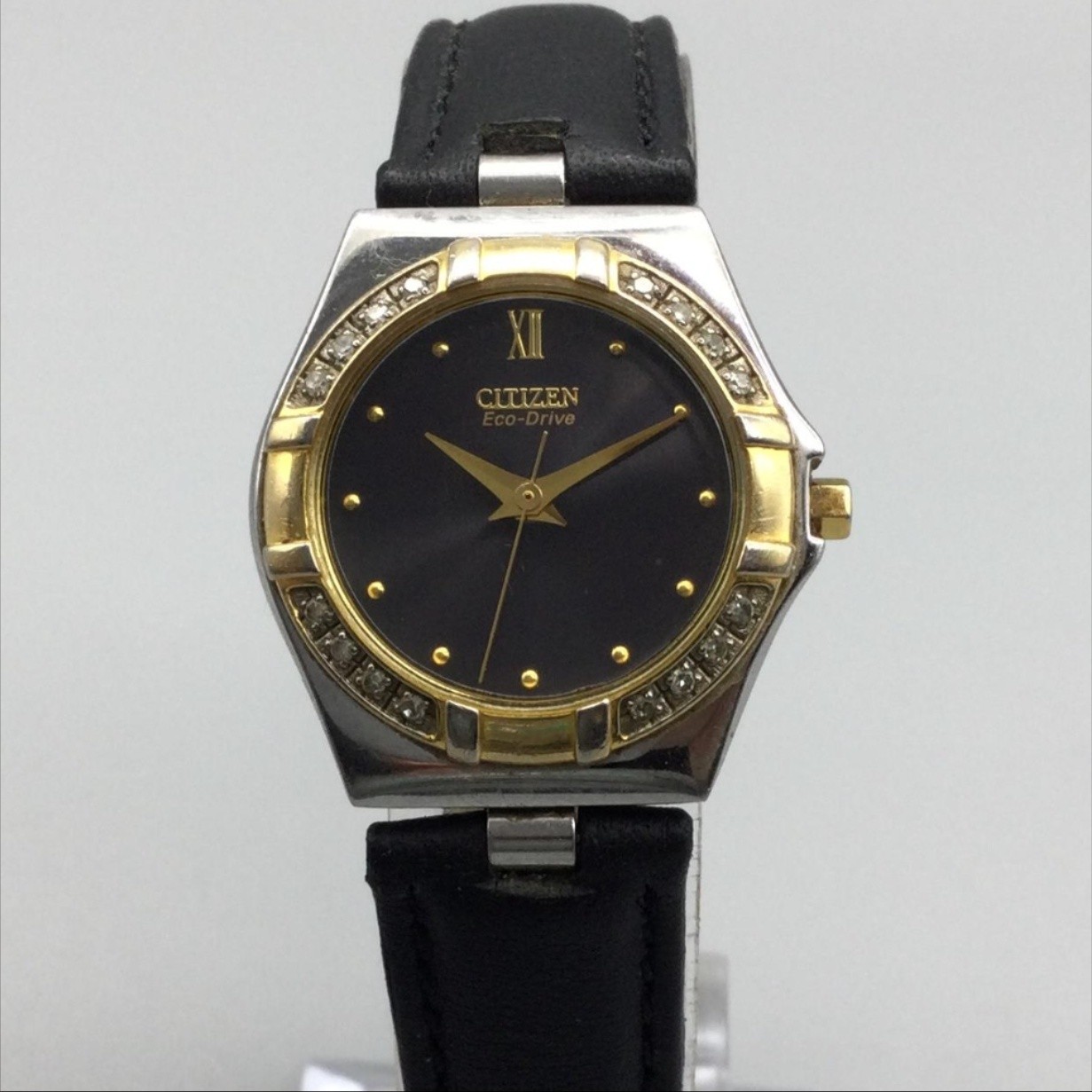 Citizen Eco-Drive Womens Watch 25mm Black Dial Diamond Bezel Leather E030-H26647