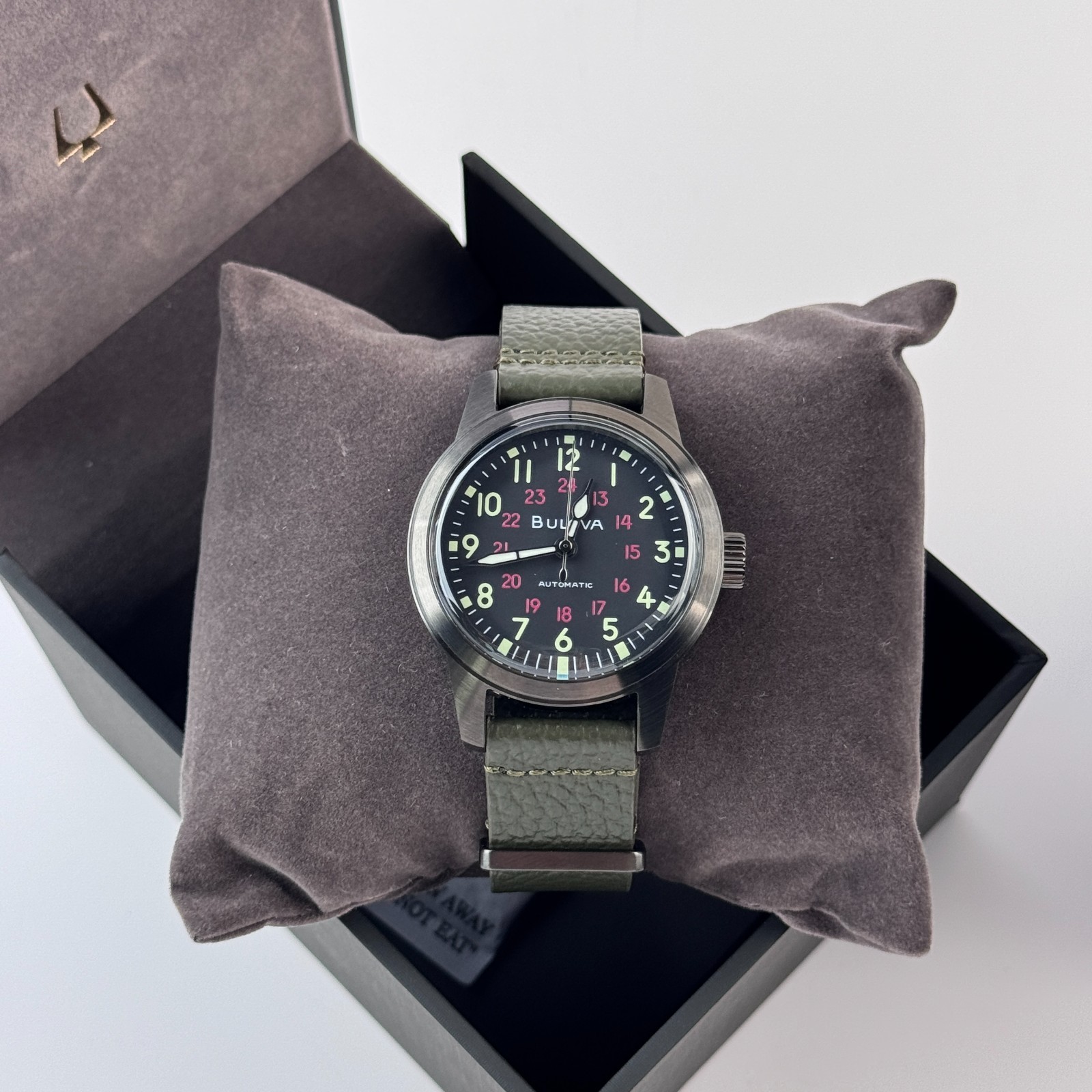 Bulova Men’s Military Hack Automatic Black Dial Green Leather Strap Watch 98A255
